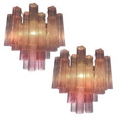 Coppia di lampadari a tubo in vetro rosa, Murano, anni '70