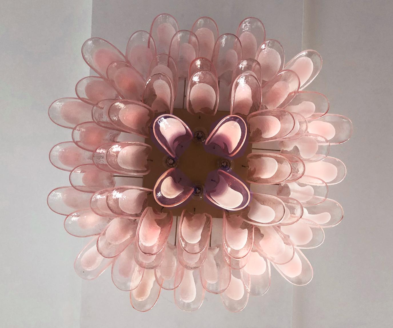 Pair of 64 Pink Petal Chandeliers Ceiling Light, Murano In Excellent Condition In Budapest, HU