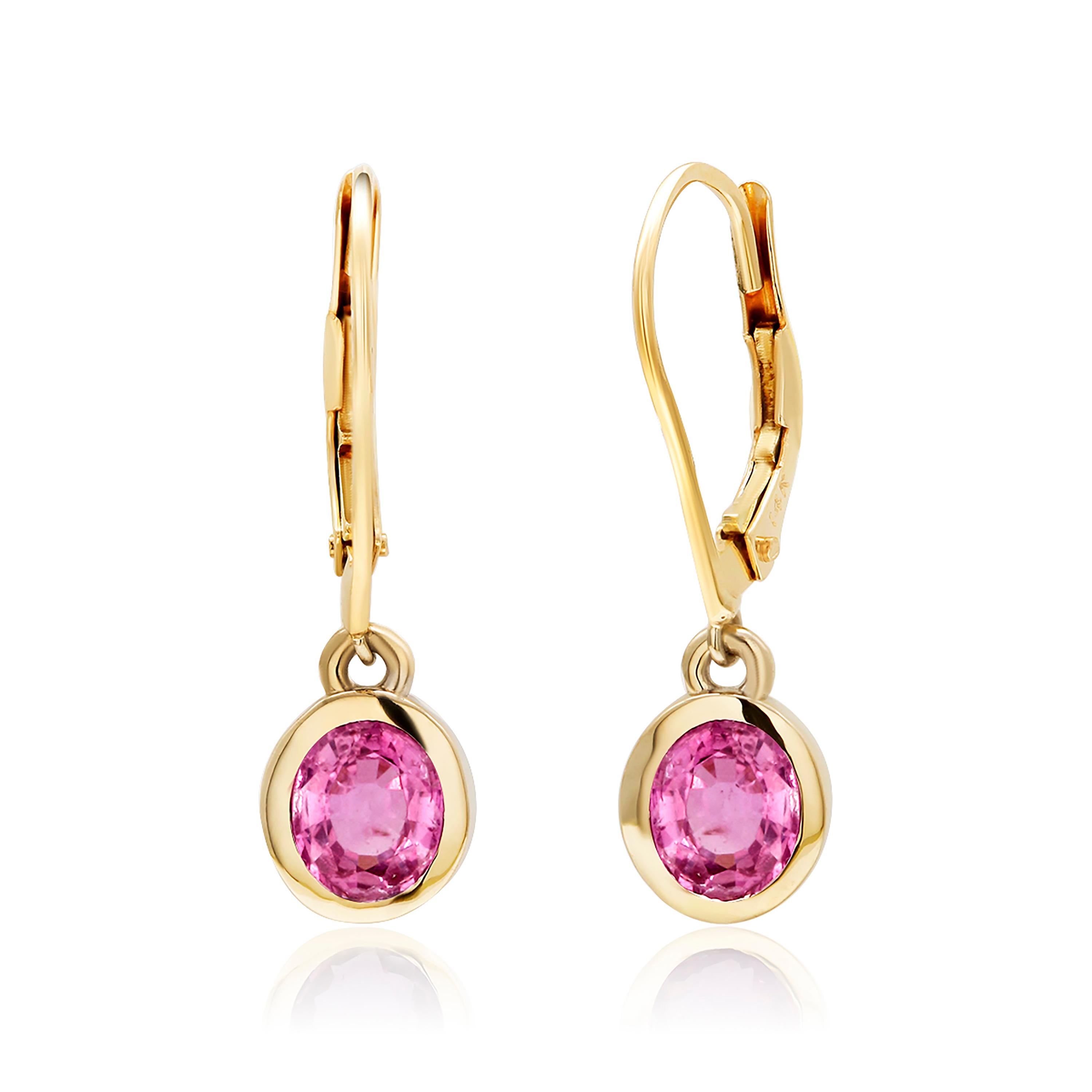 Oval Cut Pair of Pink Sapphire Gold Hoop Earrings Weighing 1.65 Carat