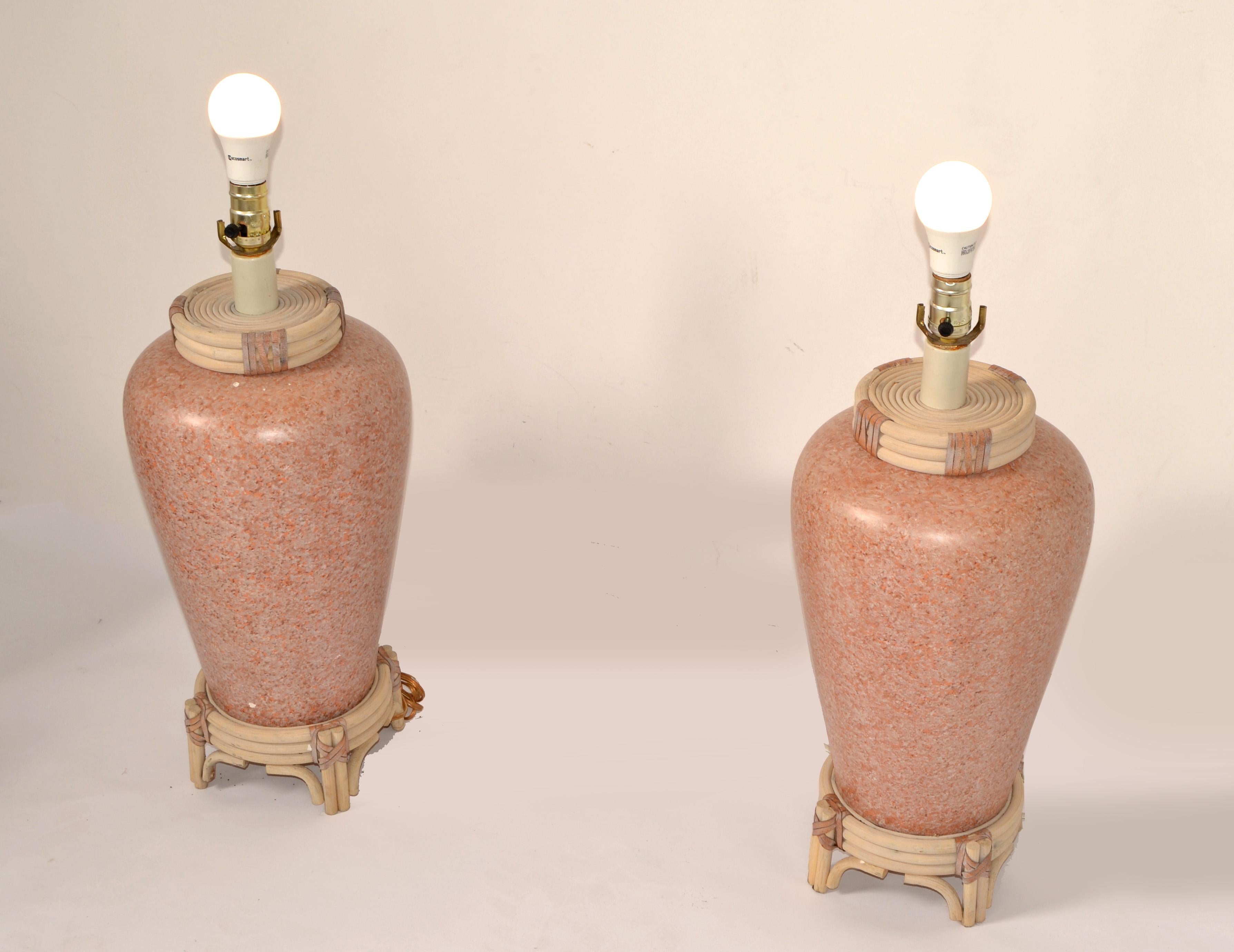 Pair Pink Terrazzo Style Ceramic Table Lamps Bamboo Leather Asian Chinoiserie  For Sale 7
