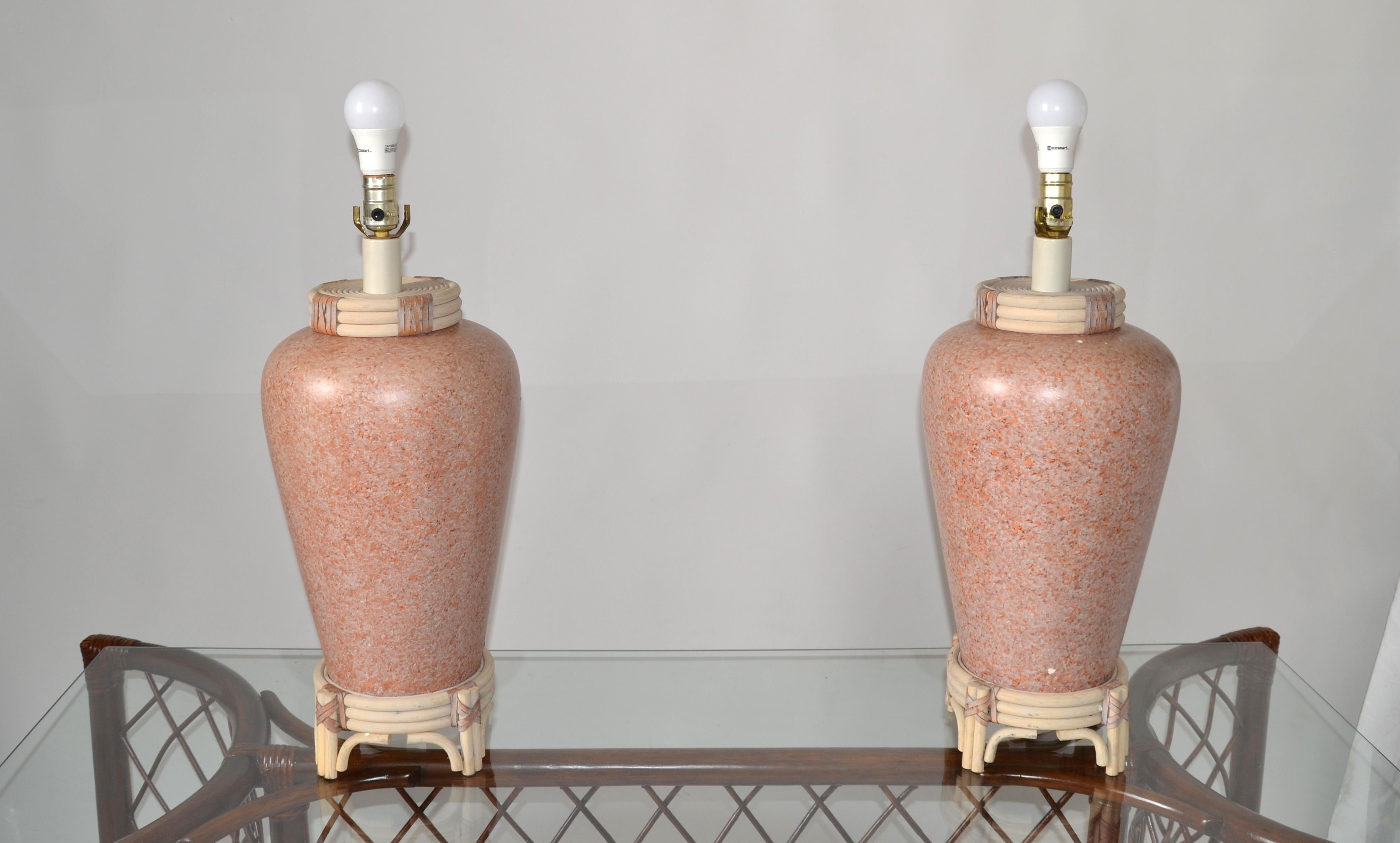 Pair Pink Terrazzo Style Ceramic Table Lamps Bamboo Leather Asian Chinoiserie For Sale 8