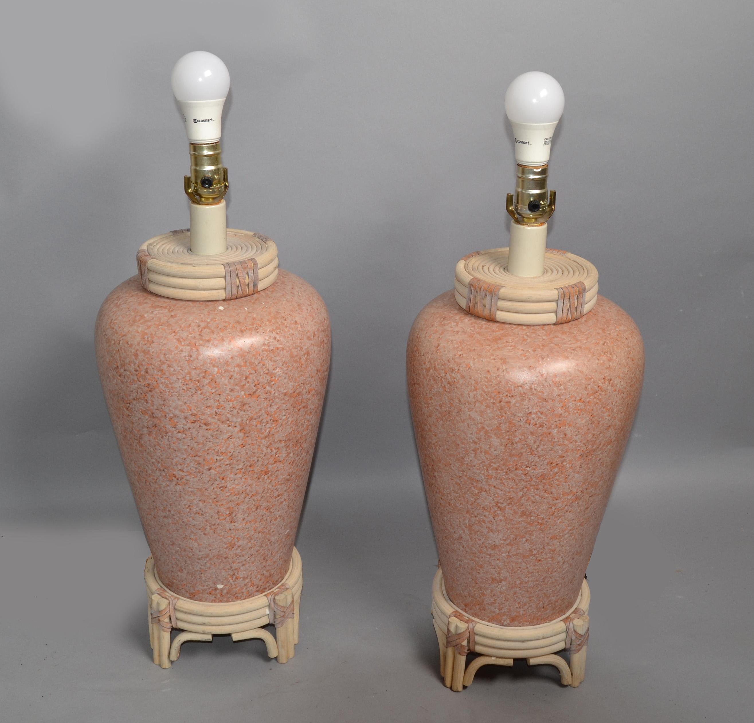 American Pair Pink Terrazzo Style Ceramic Table Lamps Bamboo Leather Asian Chinoiserie For Sale