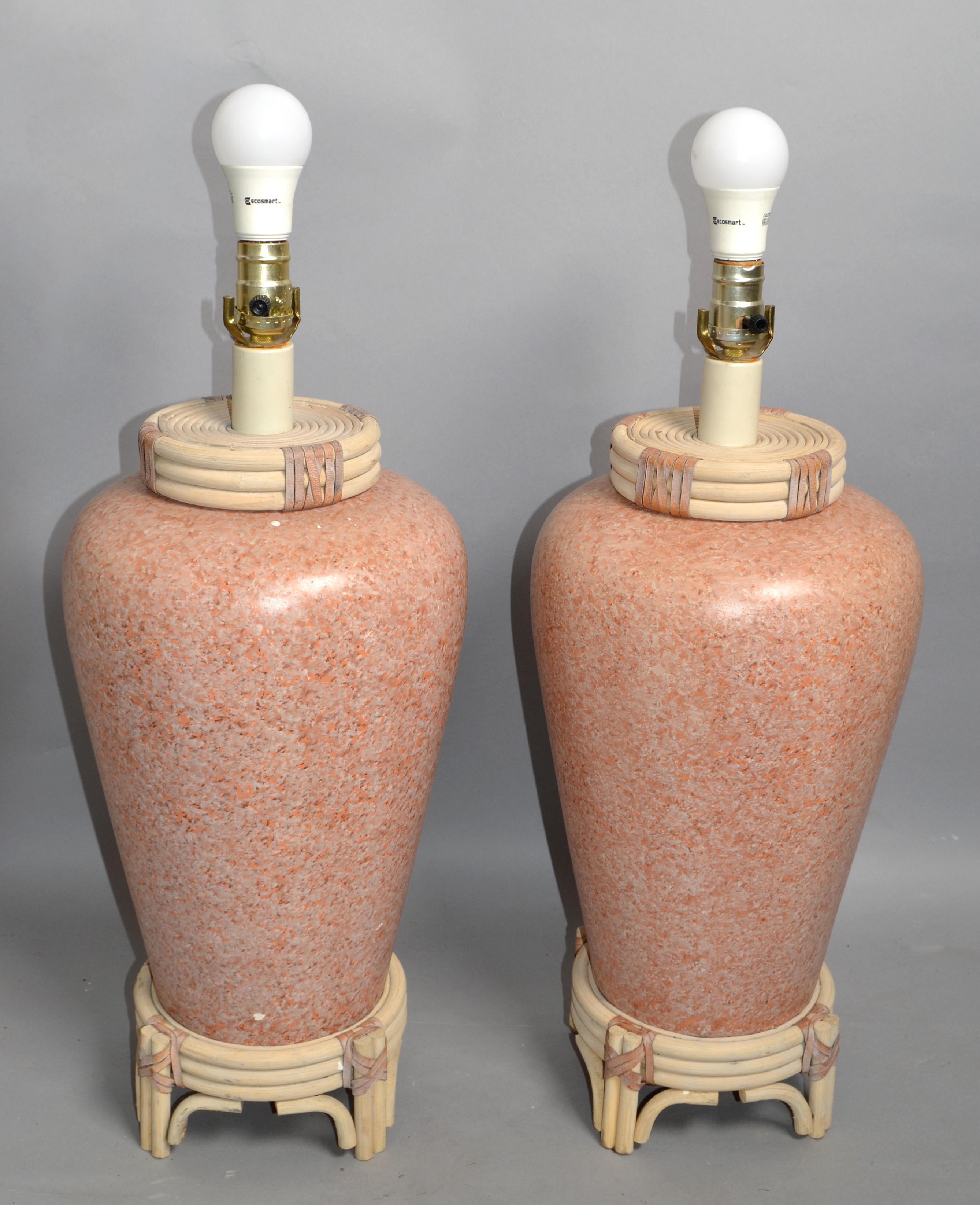 Hand-Crafted Pair Pink Terrazzo Style Ceramic Table Lamps Bamboo Leather Asian Chinoiserie  For Sale