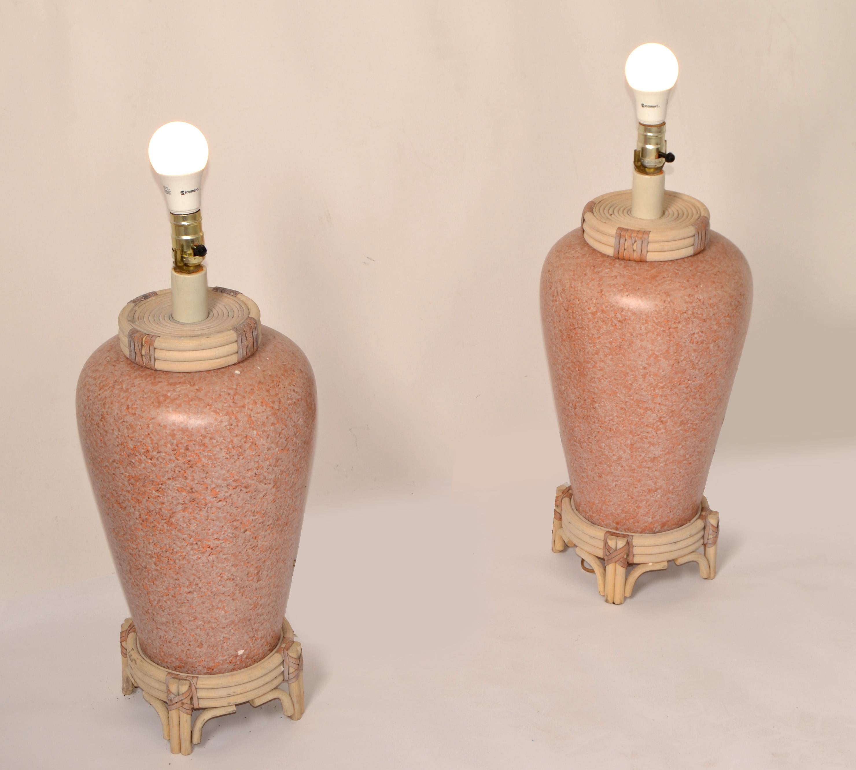 Pair Pink Terrazzo Style Ceramic Table Lamps Bamboo Leather Asian Chinoiserie  In Good Condition For Sale In Miami, FL