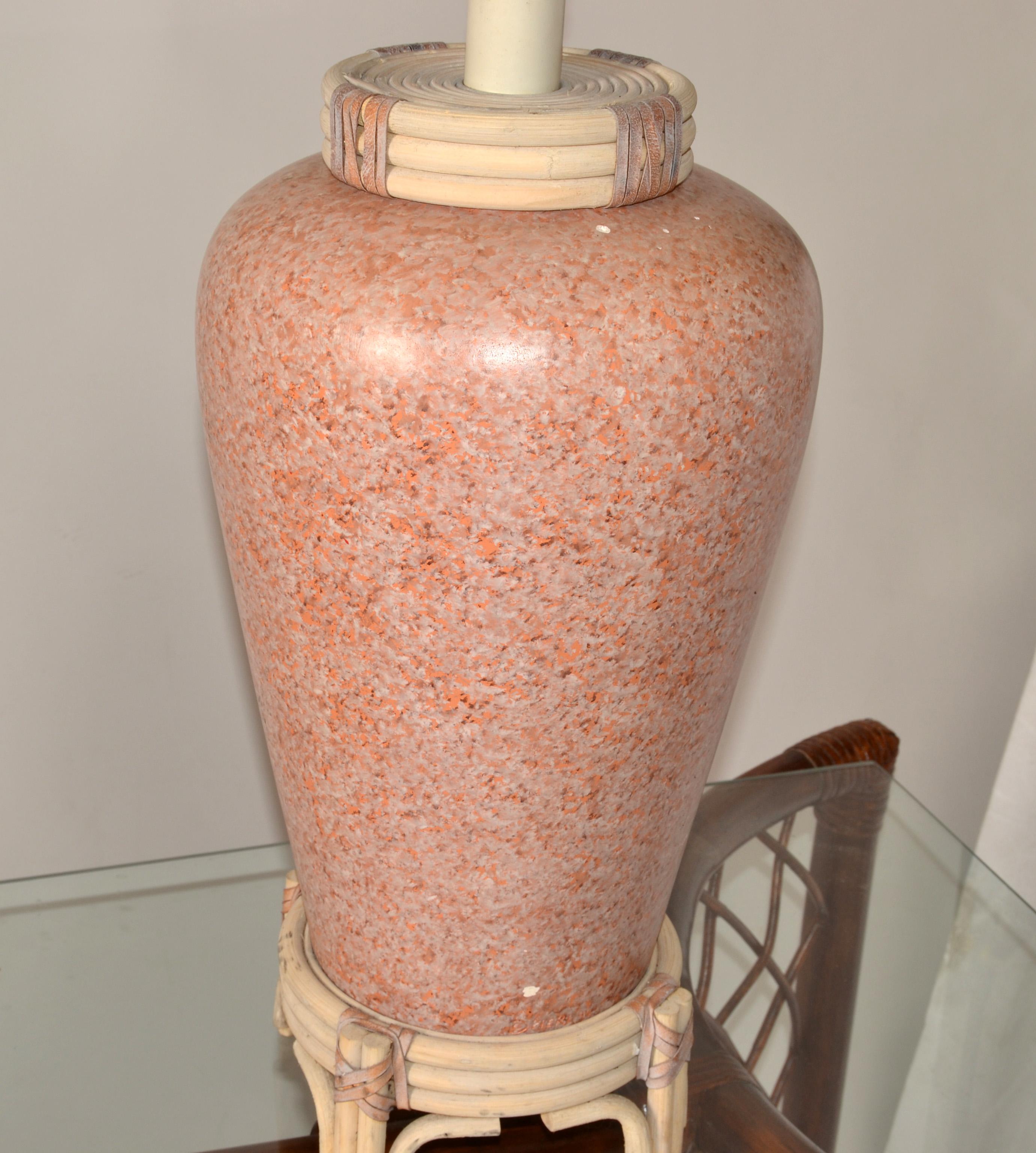 20th Century Pair Pink Terrazzo Style Ceramic Table Lamps Bamboo Leather Asian Chinoiserie For Sale
