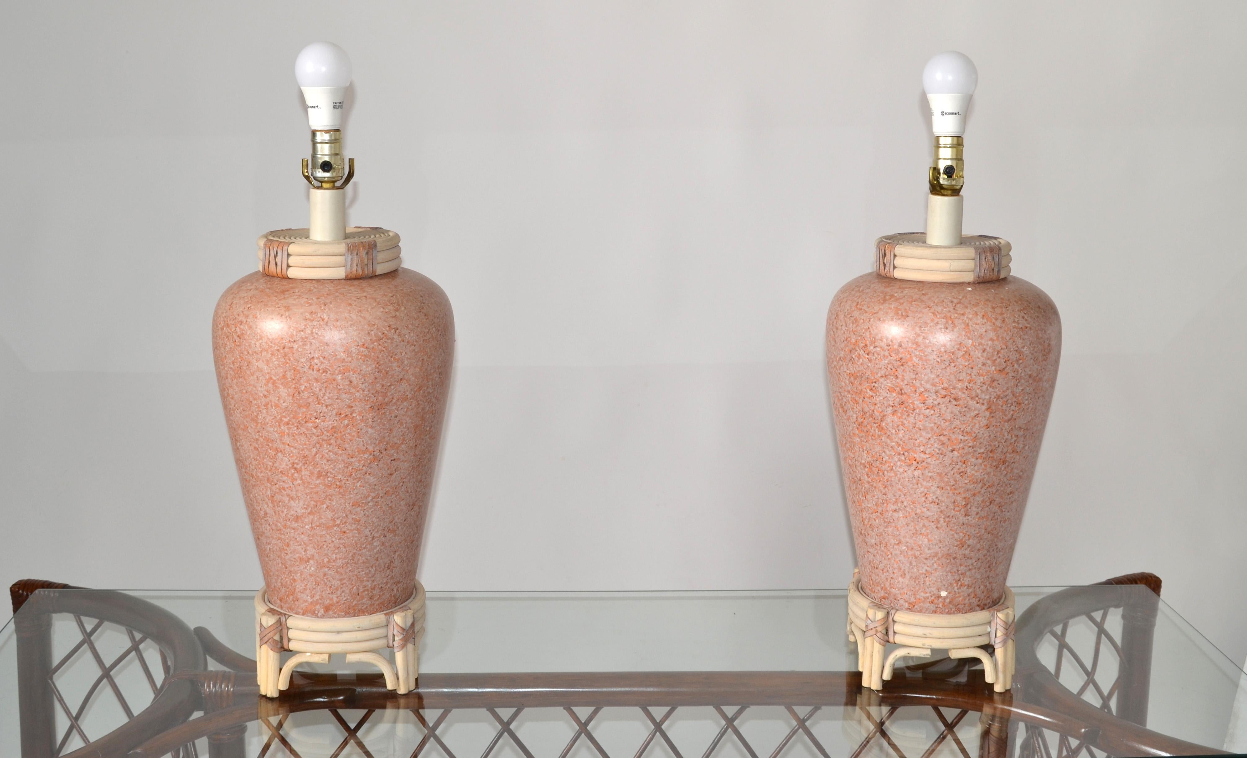 Pair Pink Terrazzo Style Ceramic Table Lamps Bamboo Leather Asian Chinoiserie  For Sale 3