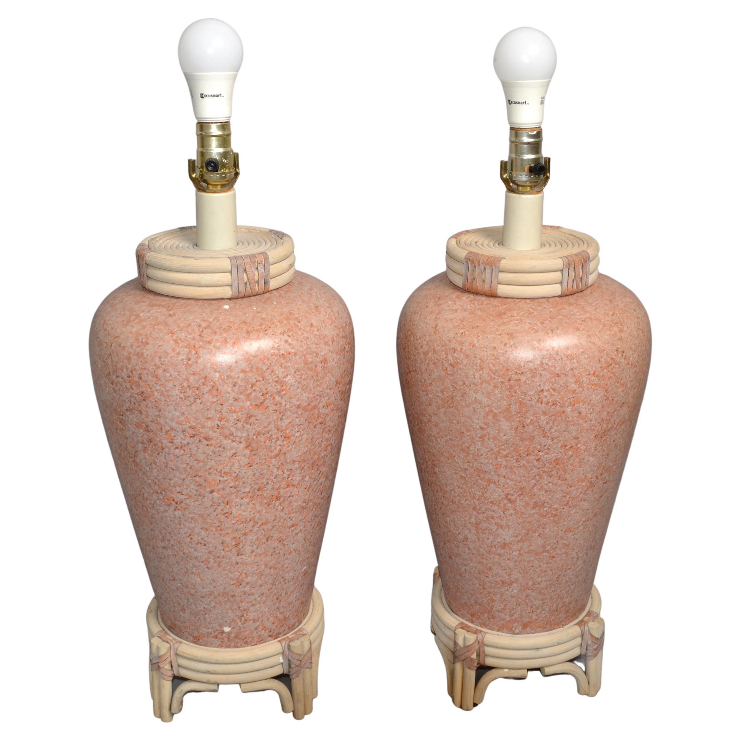 Pair Pink Terrazzo Style Ceramic Table Lamps Bamboo Leather Asian Chinoiserie  For Sale