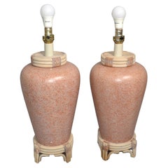 Vintage Pair Pink Terrazzo Style Ceramic Table Lamps Bamboo Leather Asian Chinoiserie 