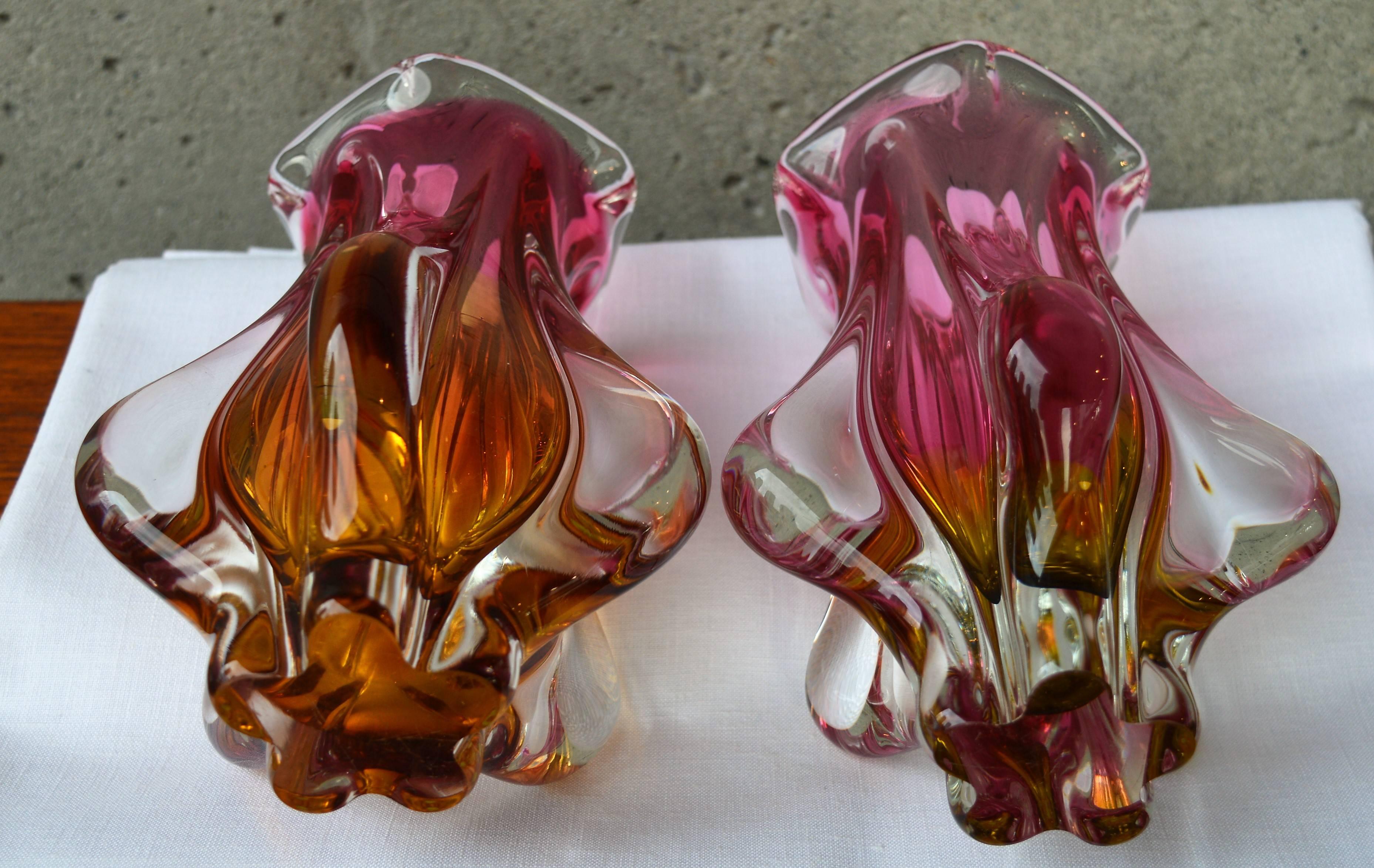 Blown Glass Pair of Pink, Gold & Clear Art Glass, Josef Hospodka, Chribska Glassworks, Czech For Sale