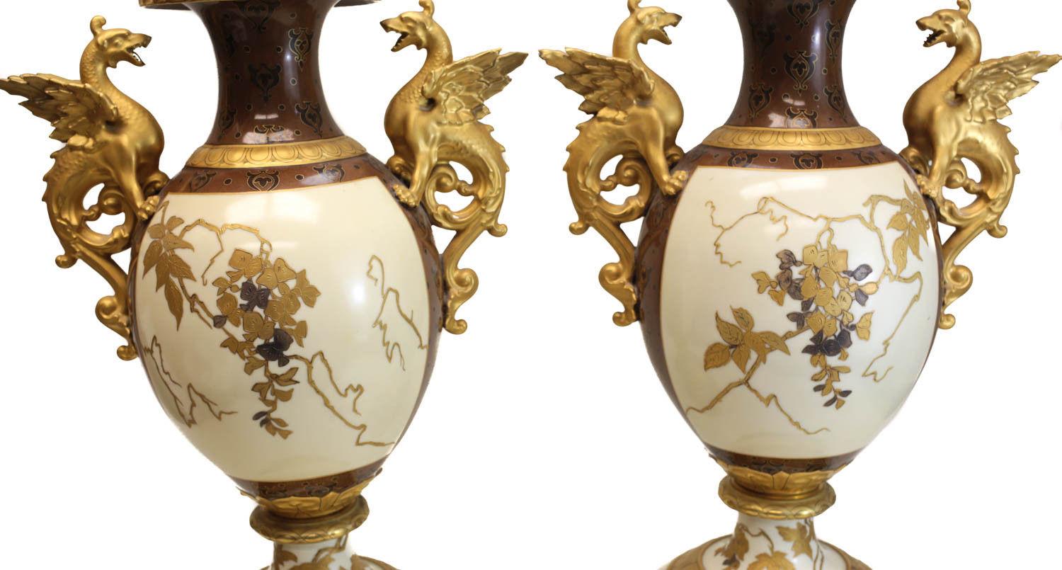 European Pair of Pirkenhammer Porcelain Aesthetic Gold Encrusted Dragon Vases, circa 1880 For Sale
