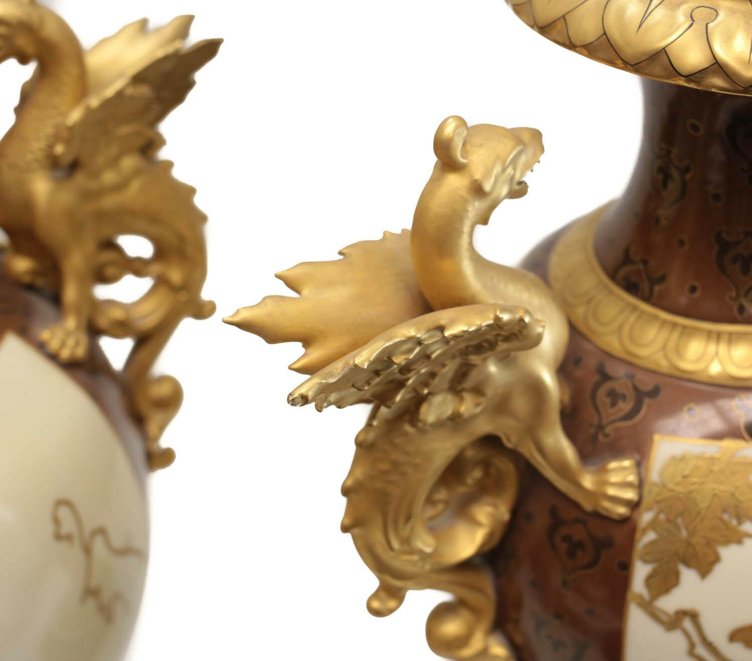 Pair of Pirkenhammer Porcelain Aesthetic Gold Encrusted Dragon Vases, circa 1880 For Sale 1