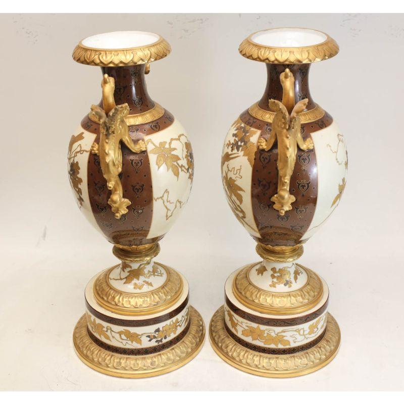 Pair Pirkenhammer Porcelain Aesthetic Gold Encrusted Dragon Vases, c 1880 In Good Condition For Sale In Gardena, CA