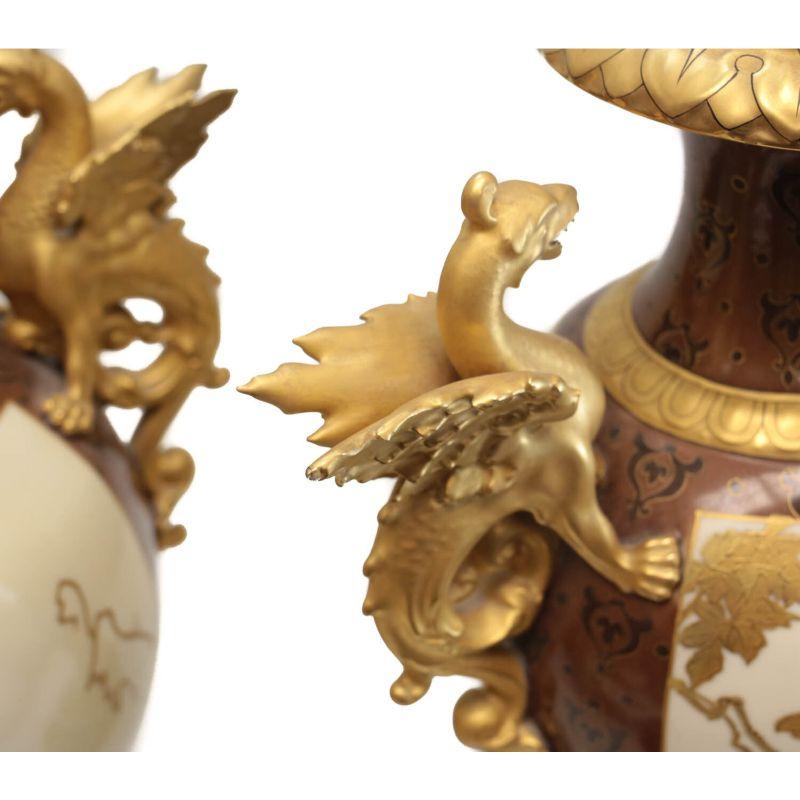 Pair Pirkenhammer Porcelain Aesthetic Gold Encrusted Dragon Vases, c 1880 For Sale 3