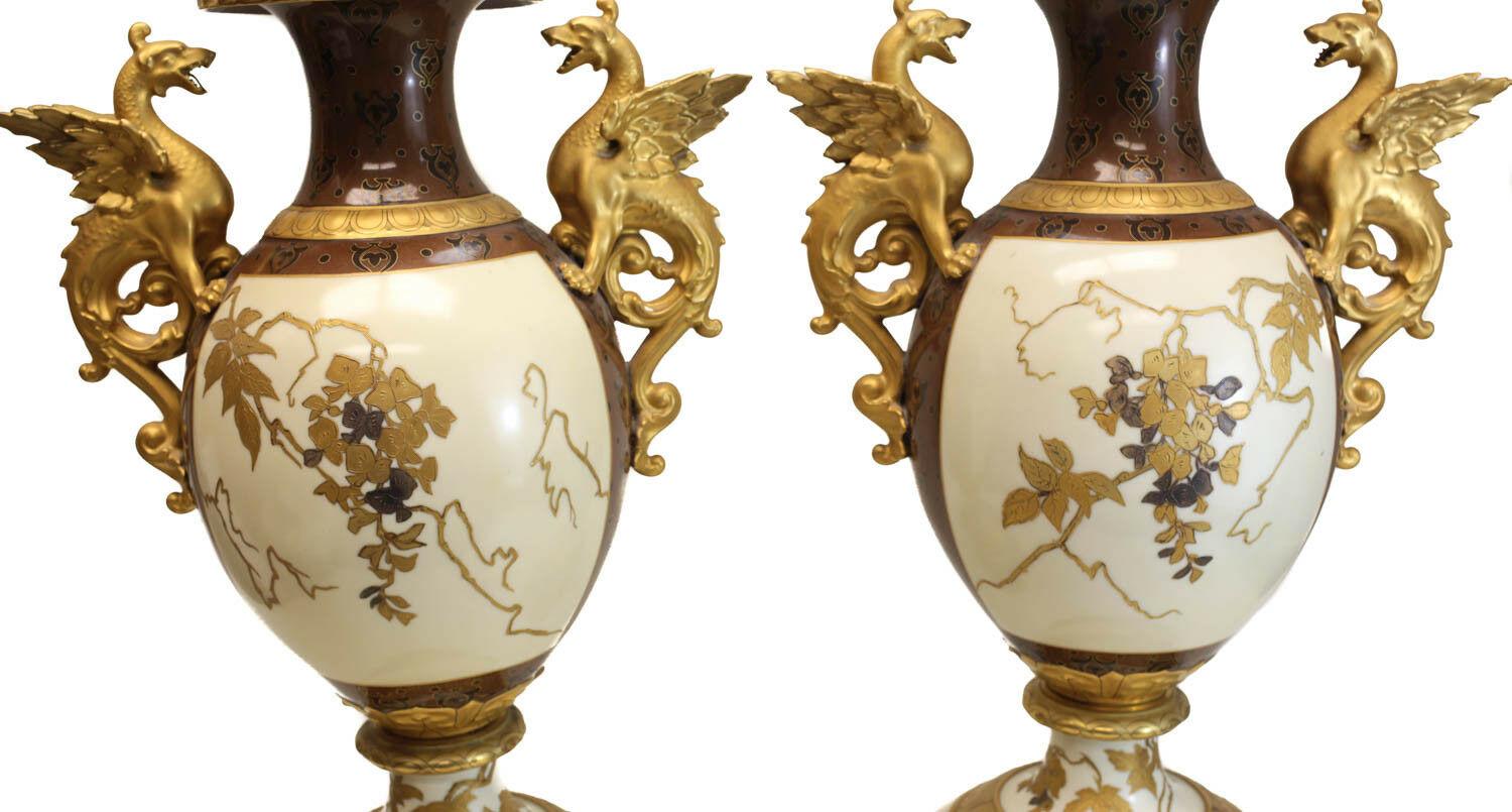 Pair of Pirkenhammer Porcelain Aesthetic Gold Encrusted Dragon Vases, circa 1880 For Sale 4