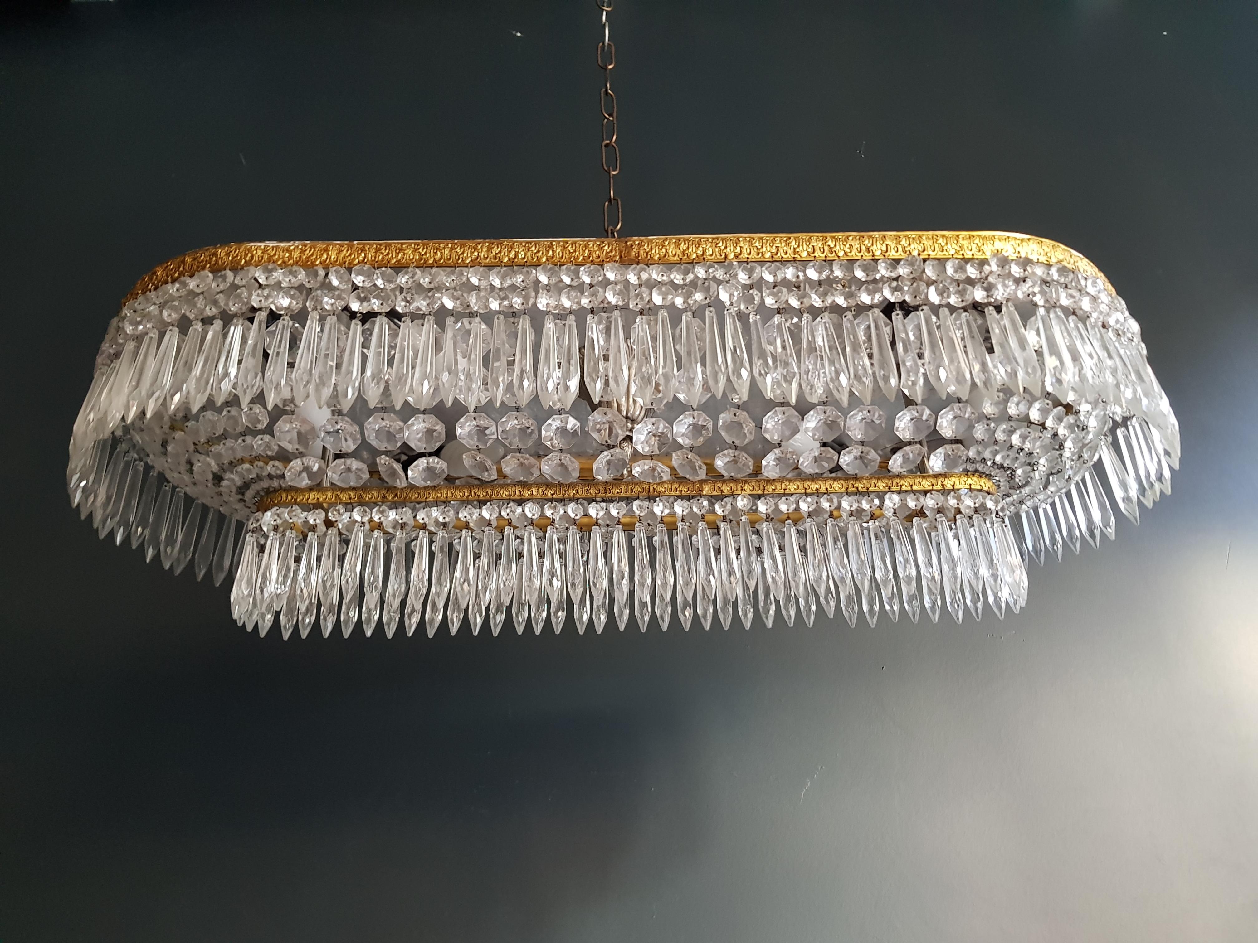 Pair Plafonnier Crystal Chandelier Brass Lustre Ceiling Lamp Antique Art Nouveau 5