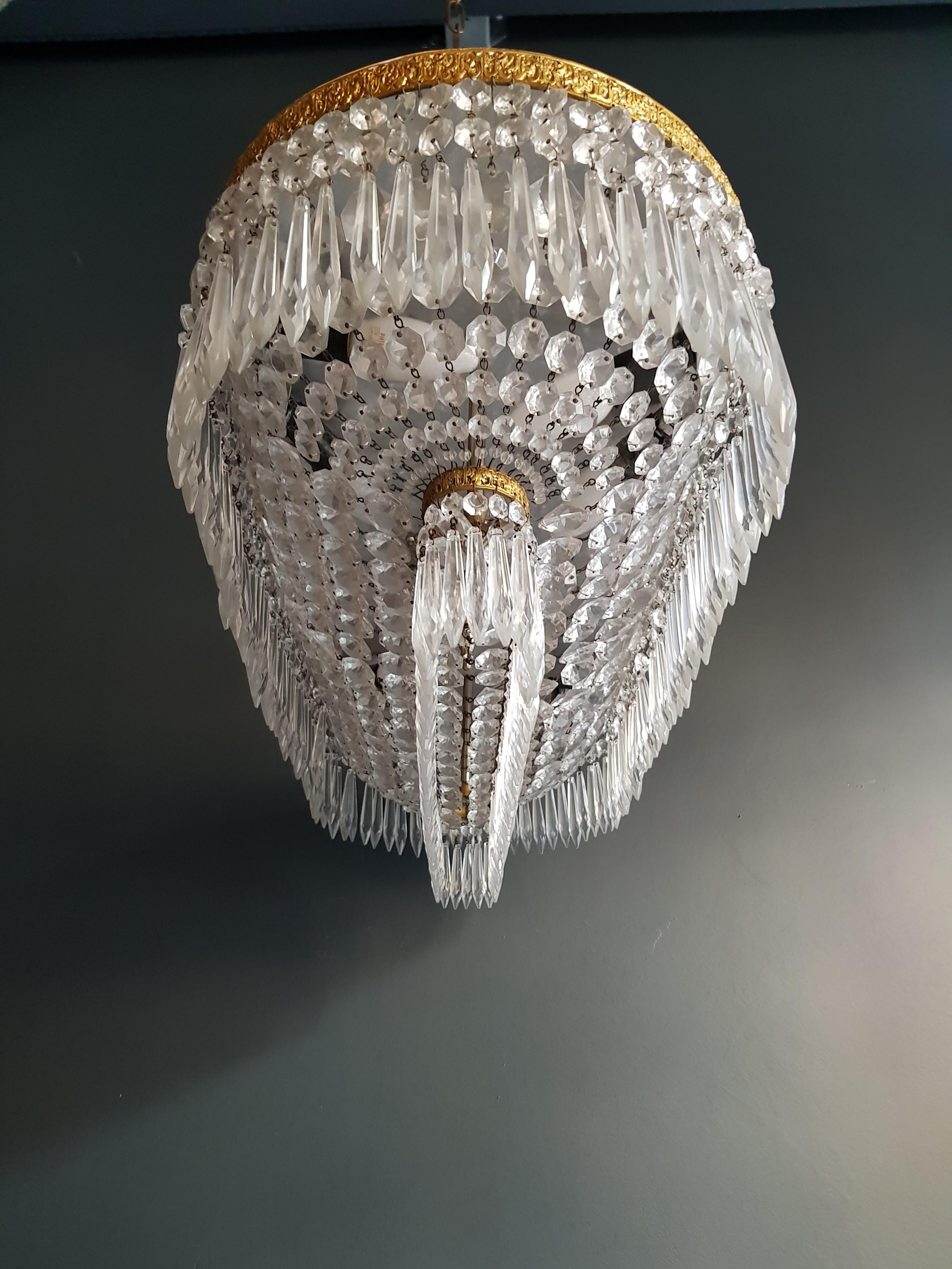 European Pair Plafonnier Crystal Chandelier Brass Lustre Ceiling Lamp Antique Art Nouveau