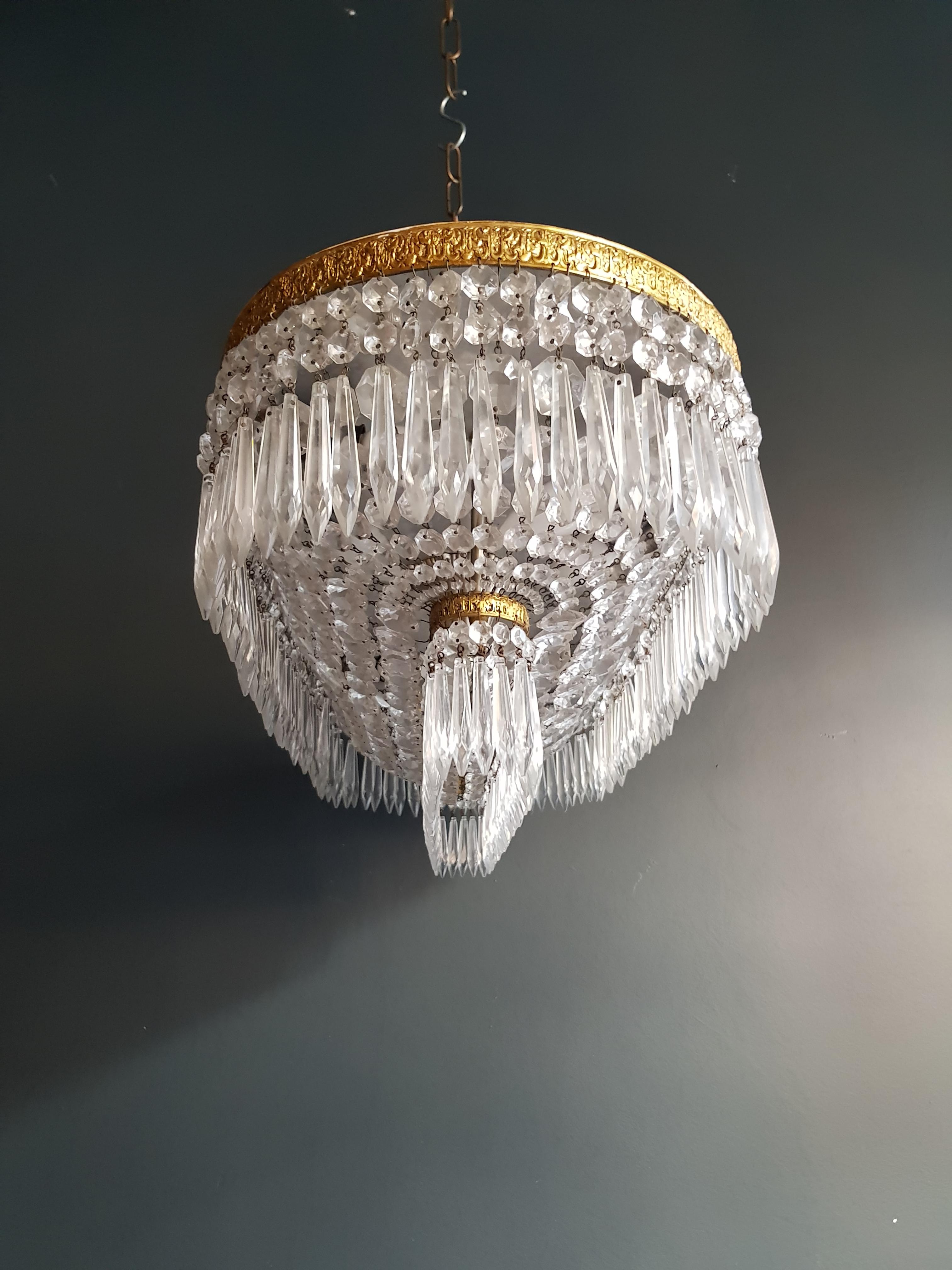 Pair Plafonnier Crystal Chandelier Brass Lustre Ceiling Lamp Antique Art Nouveau 1