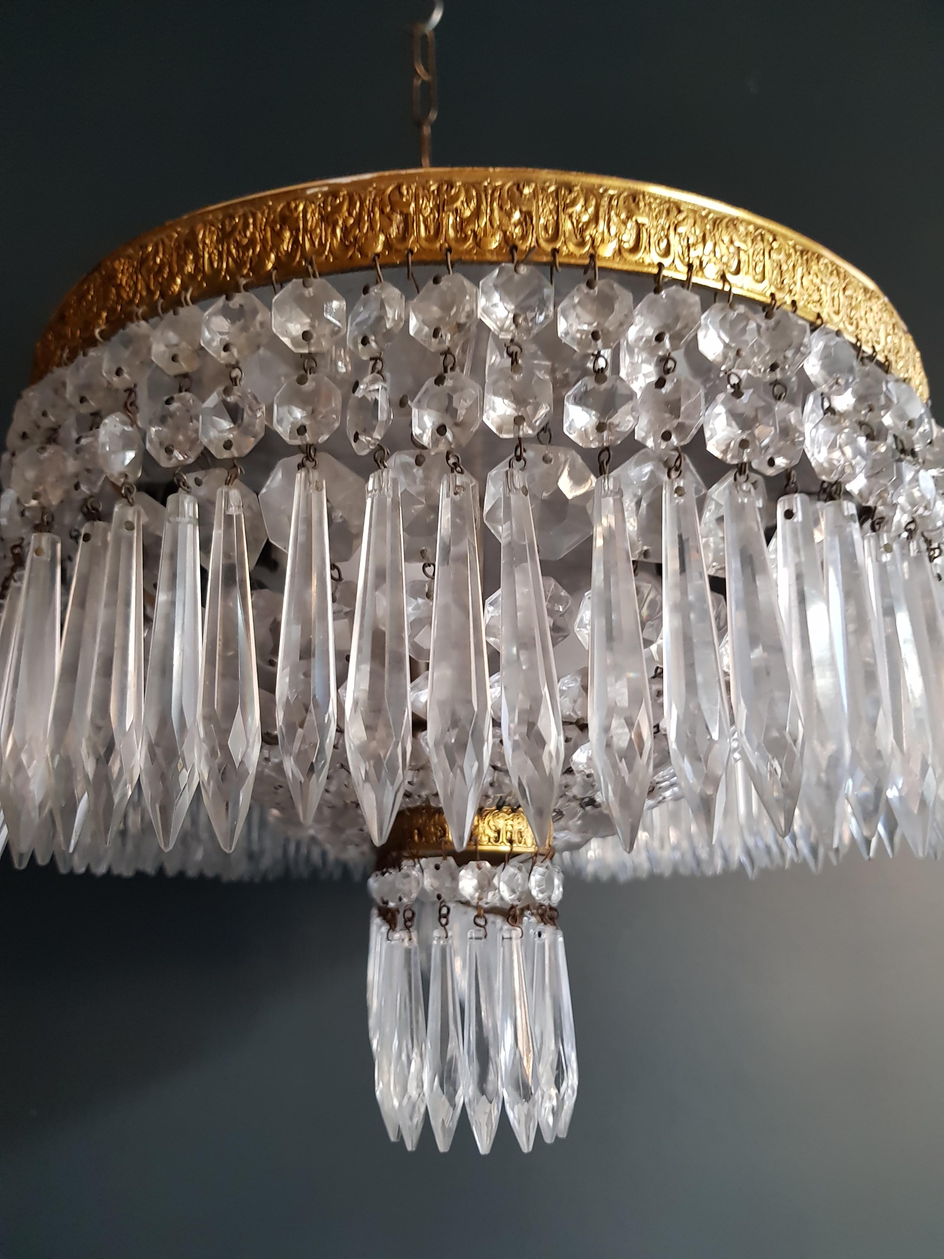 Pair Plafonnier Crystal Chandelier Brass Lustre Ceiling Lamp Antique Art Nouveau 3