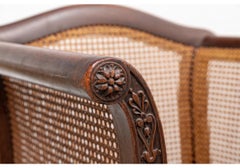 Pair Plantation Style Carved Wood Caned Club Chairs