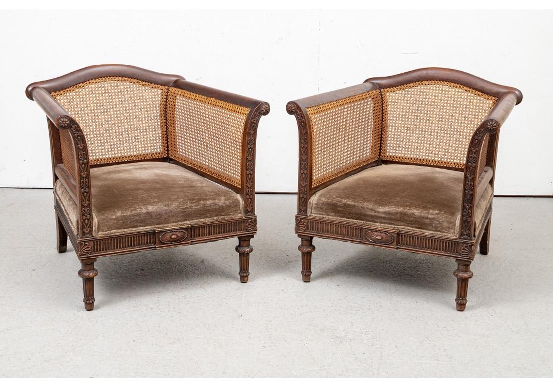 Rustic Pair Plantation Style Carved Wood Caned Club Chairs