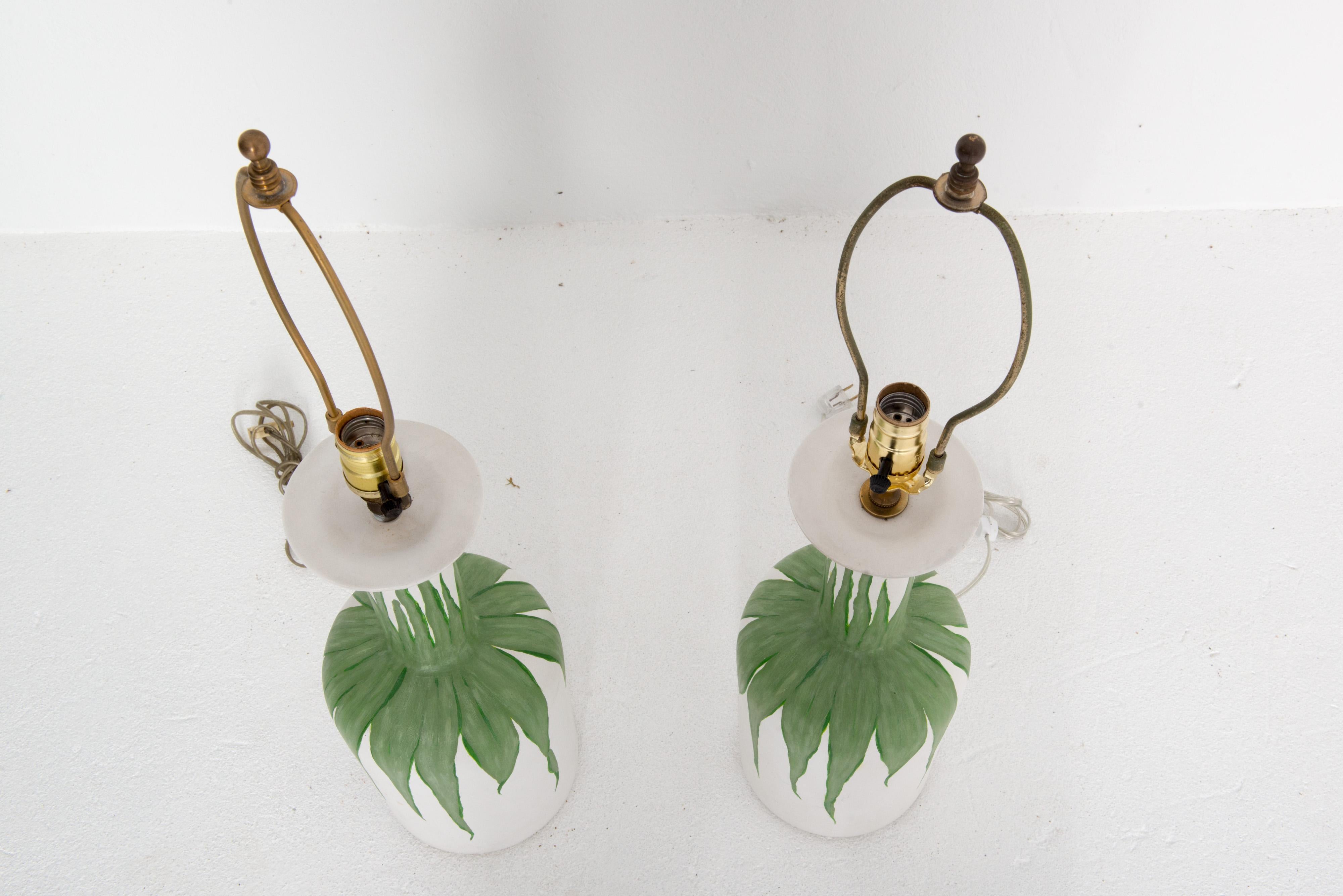 American Pair Plaster Hand Painted Green Foliate and White Lamps For Sale