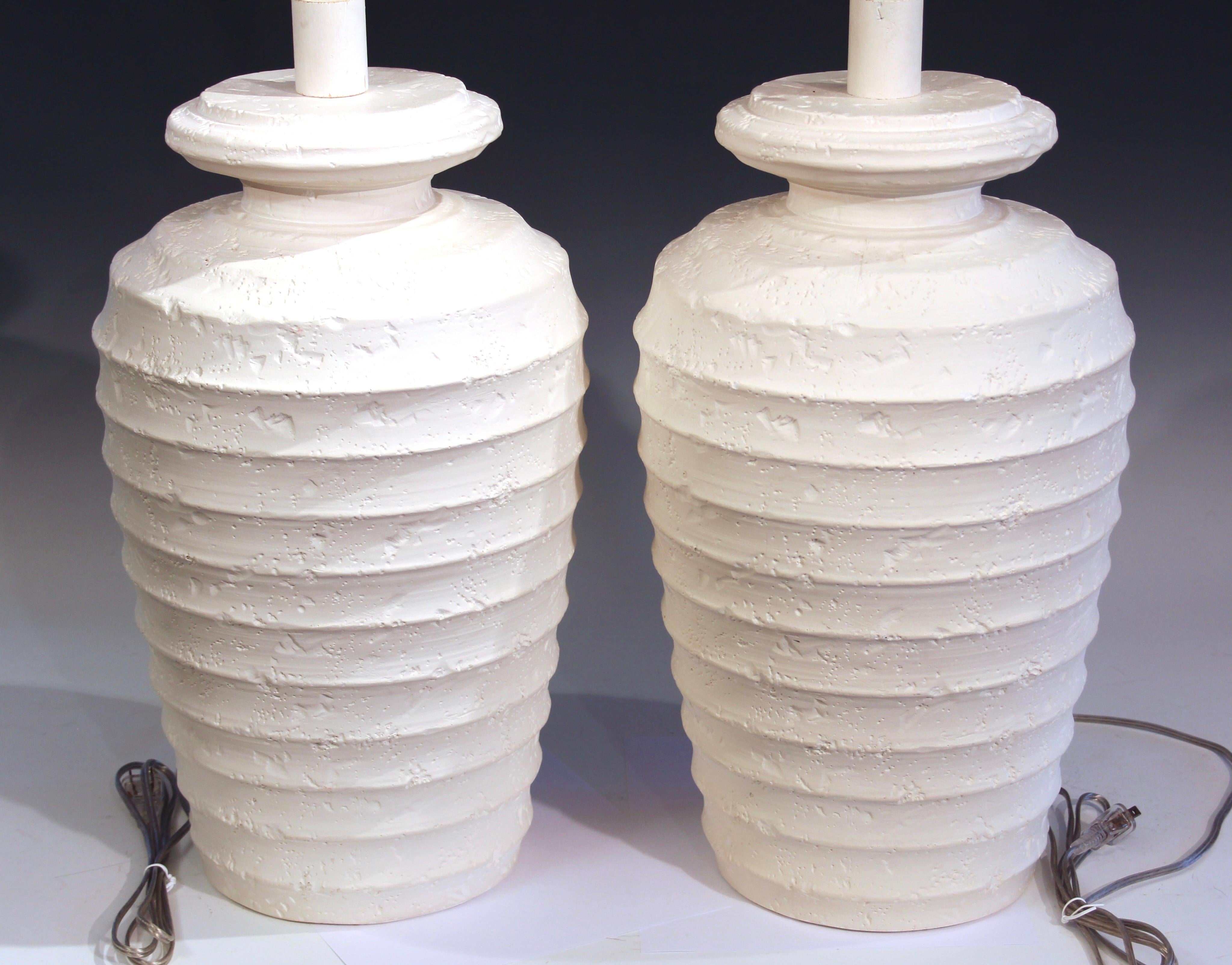 American Pair Plaster Lamps Ribbed Large Alsy Beach Cottage Mid-Century Vintage Organic