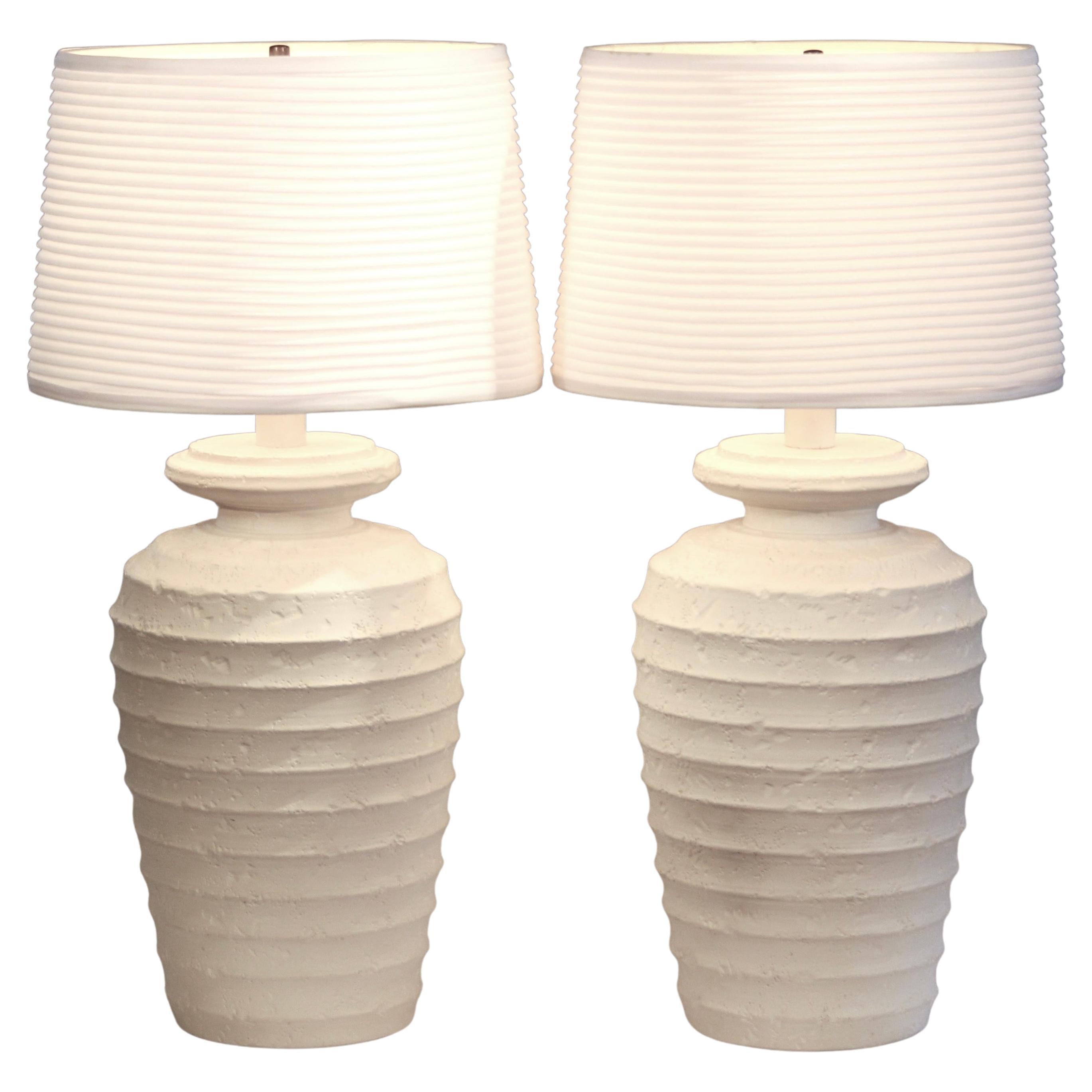 Pair Plaster Lamps Ribbed Large Alsy Beach Cottage Mid-Century Vintage Organic