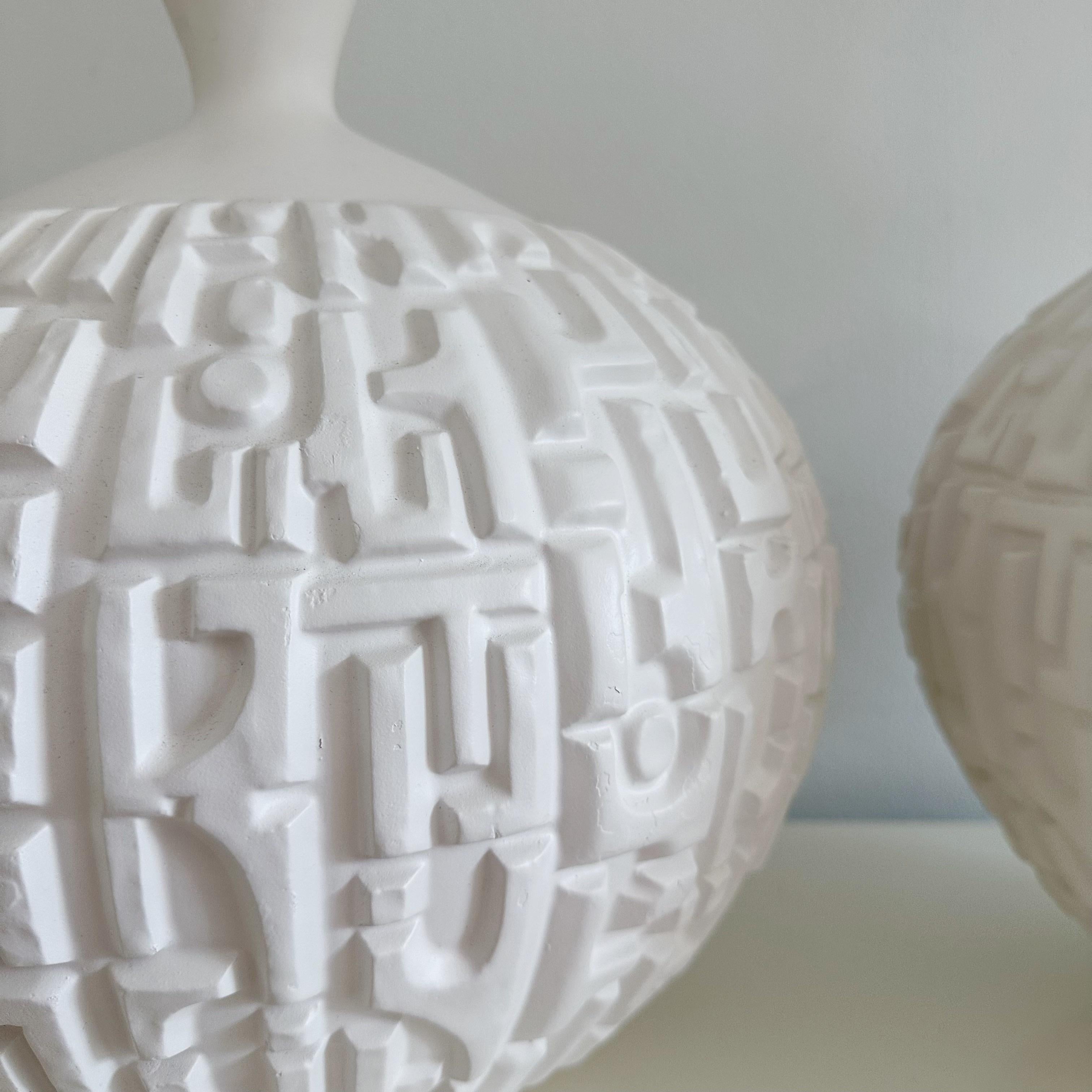 Mid-Century Modern Pair Plaster White Geometric Relief Table Lamps Circa 1970's