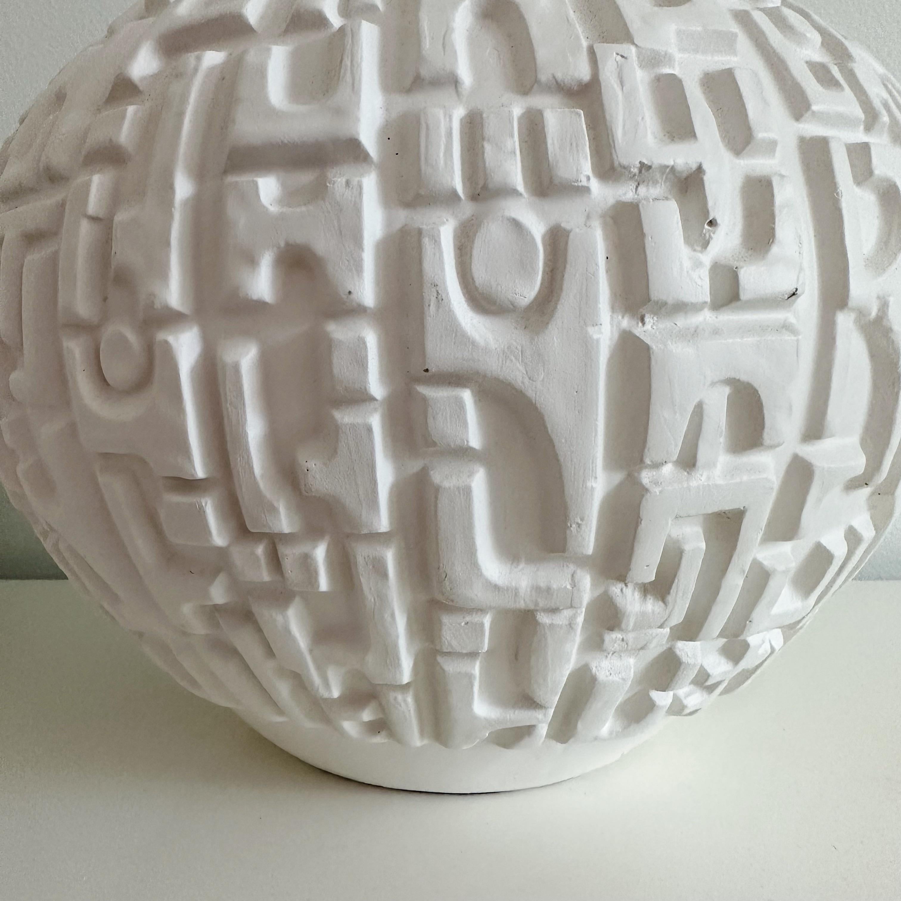 American Pair Plaster White Geometric Relief Table Lamps Circa 1970's For Sale