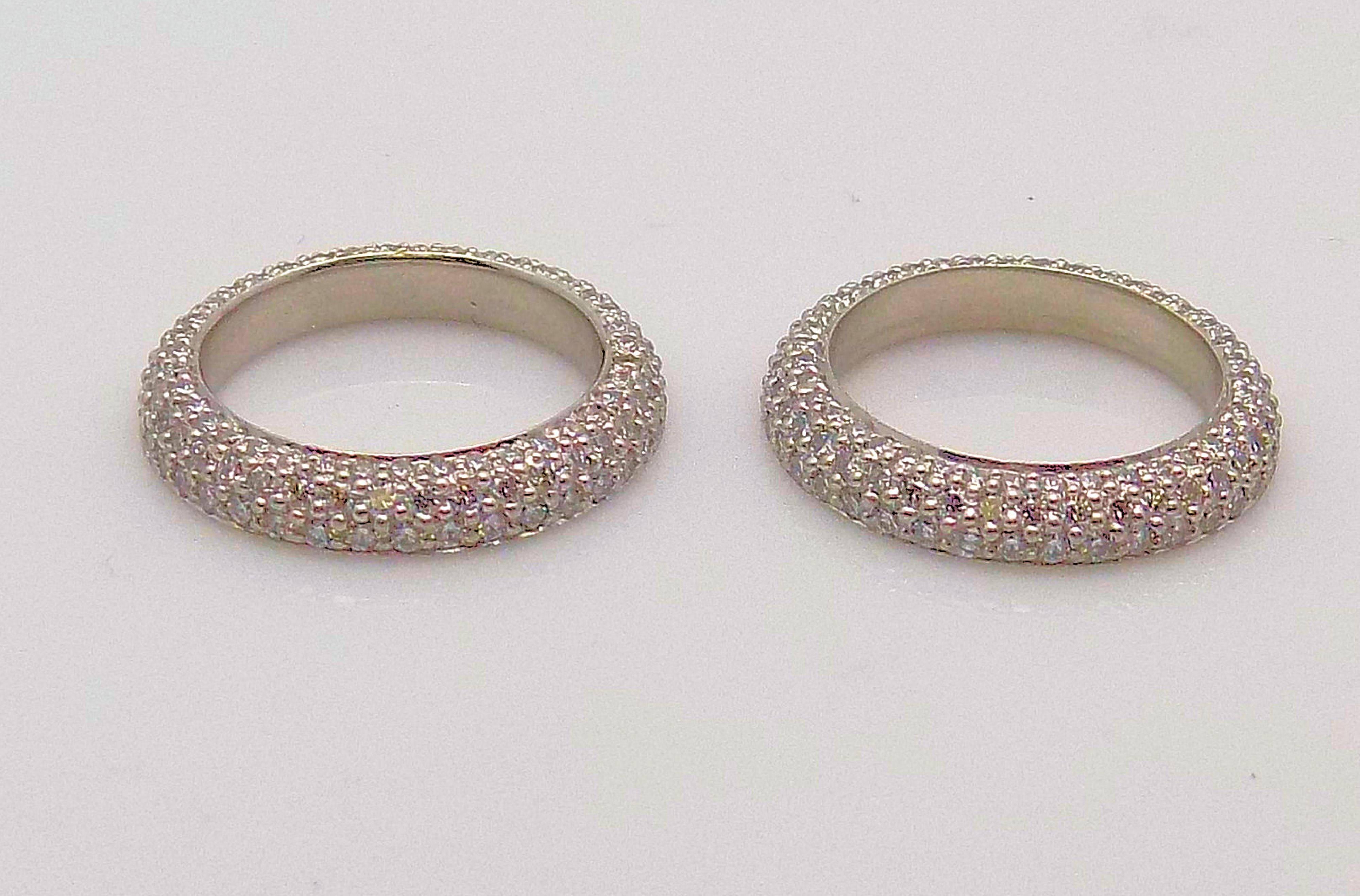 Round Cut Pair of Platinum Pave' Diamond Eternity Bands by Matthew Trent For Sale