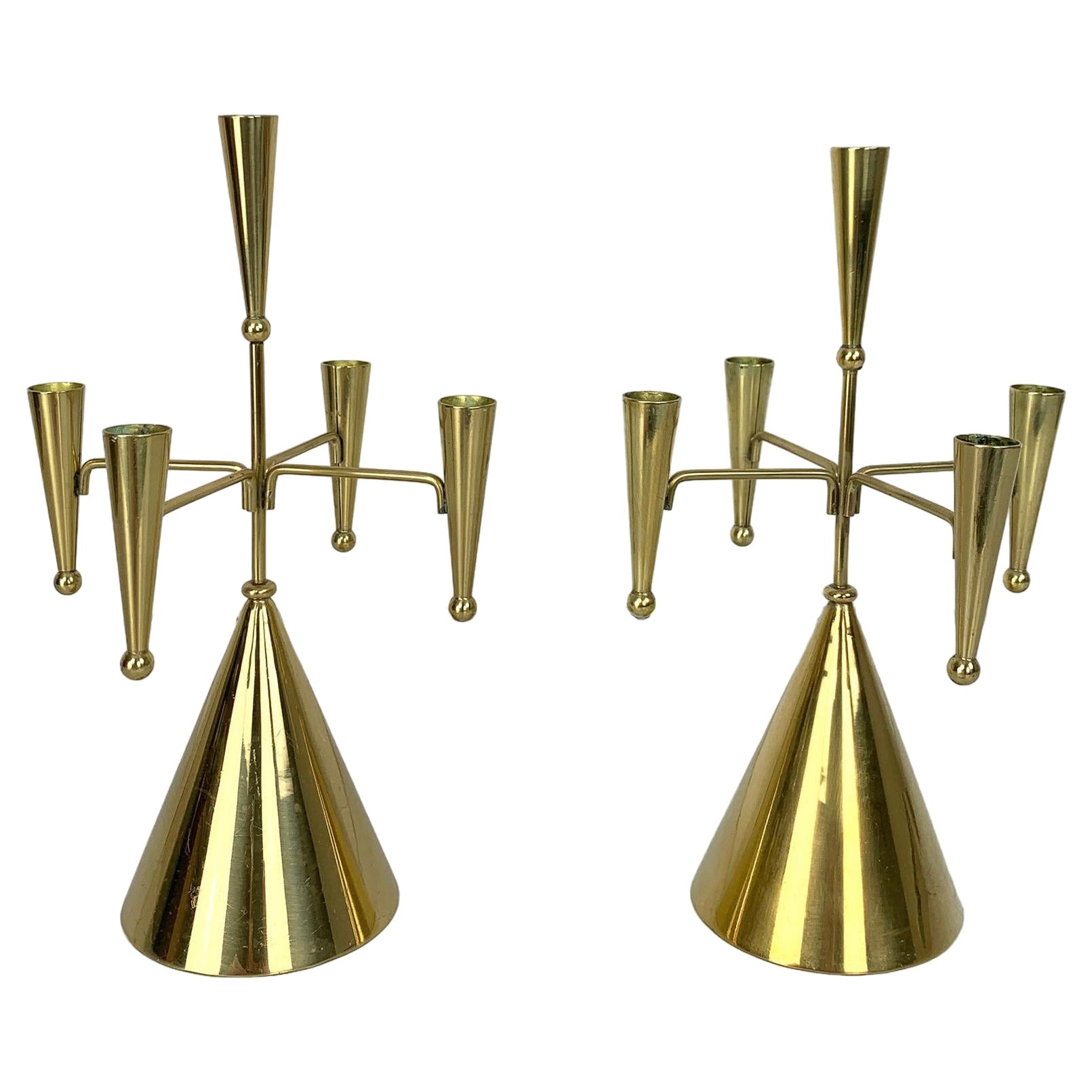 Pair playful Mid-Century Modern Candelabra in Brass Ystad Metall Sweden
