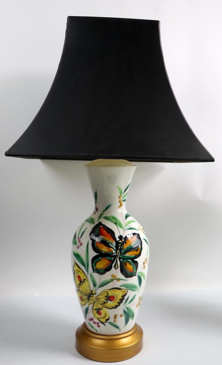  Playful Pair of  Porcelain Table Lamps with Butterflies For Sale 5