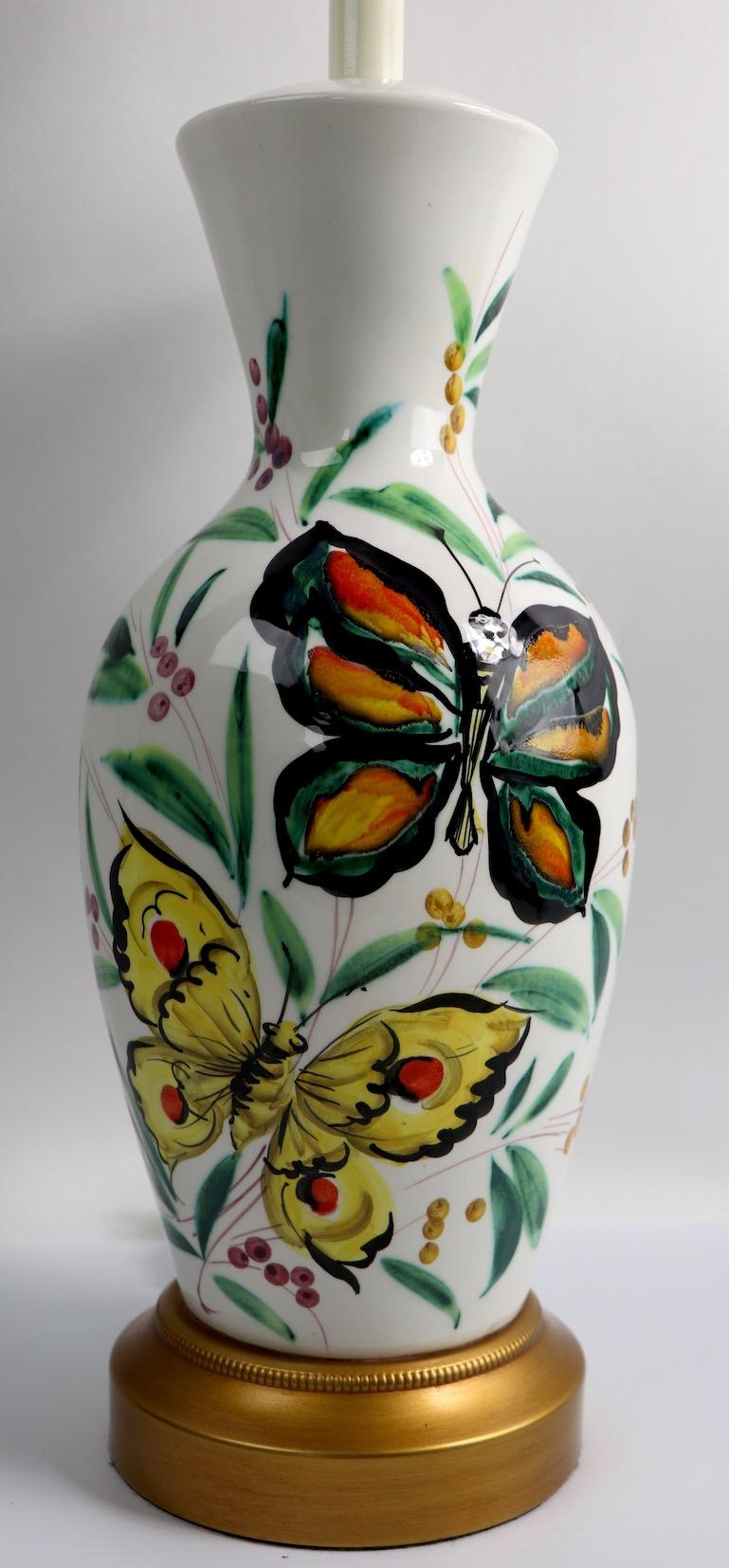 Mid-Century Modern  Playful Pair of  Porcelain Table Lamps with Butterflies For Sale