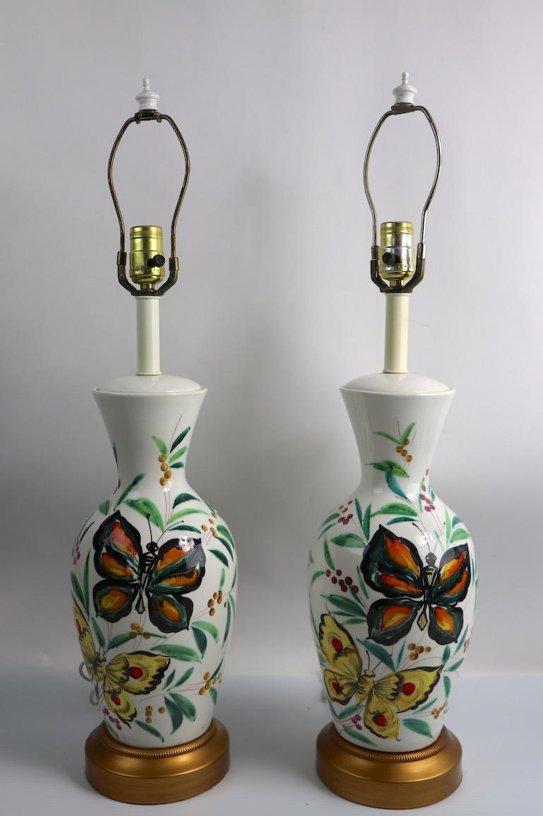 20th Century  Playful Pair of  Porcelain Table Lamps with Butterflies For Sale