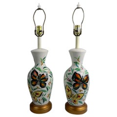 Retro  Playful Pair of  Porcelain Table Lamps with Butterflies