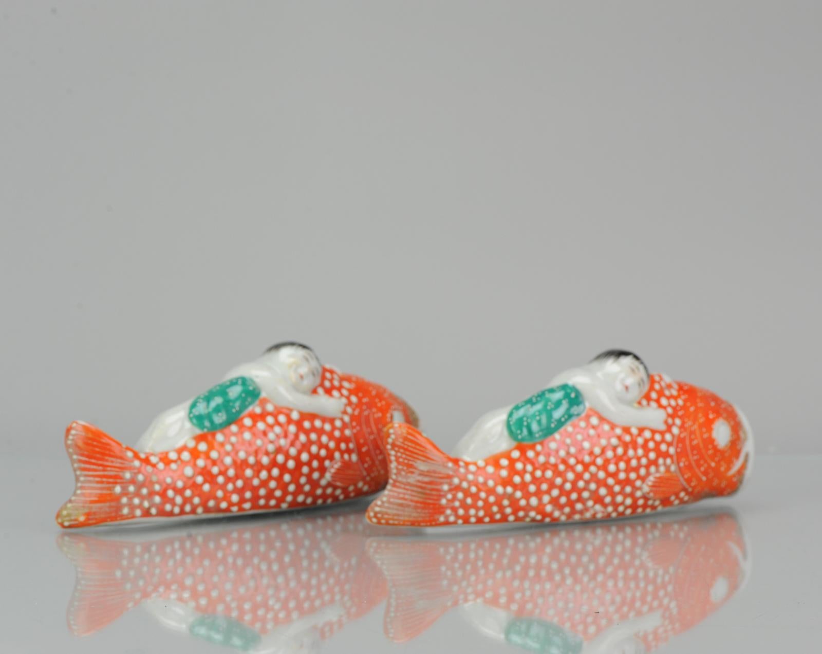 Porcelain Pair of Pocket Wall Vases in Koi Carp Fish Shape Antique ca 1900 Japanese Kutani