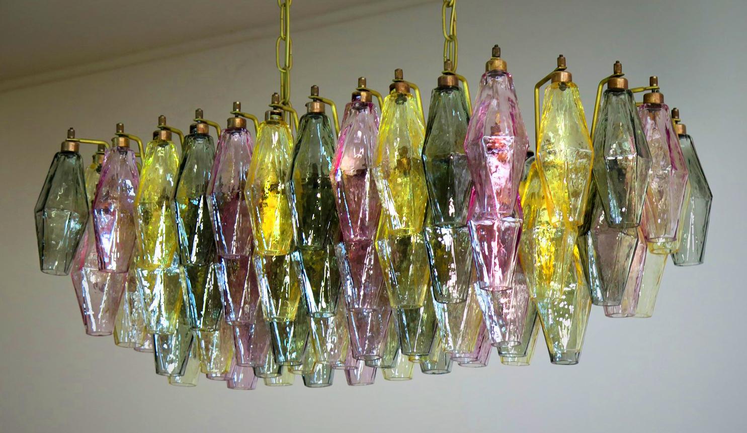 Pair of Poliedri Candeliers Carlo Scarpa Style, 84 Multicolored Glasses, Murano 6