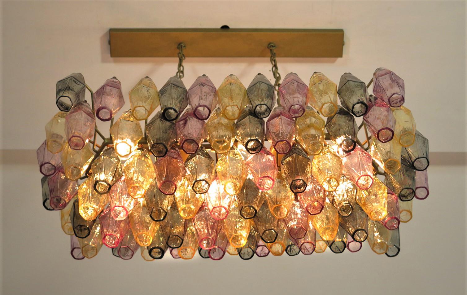 Italian Pair of Poliedri Candeliers Carlo Scarpa Style, 84 Multicolored Glasses, Murano