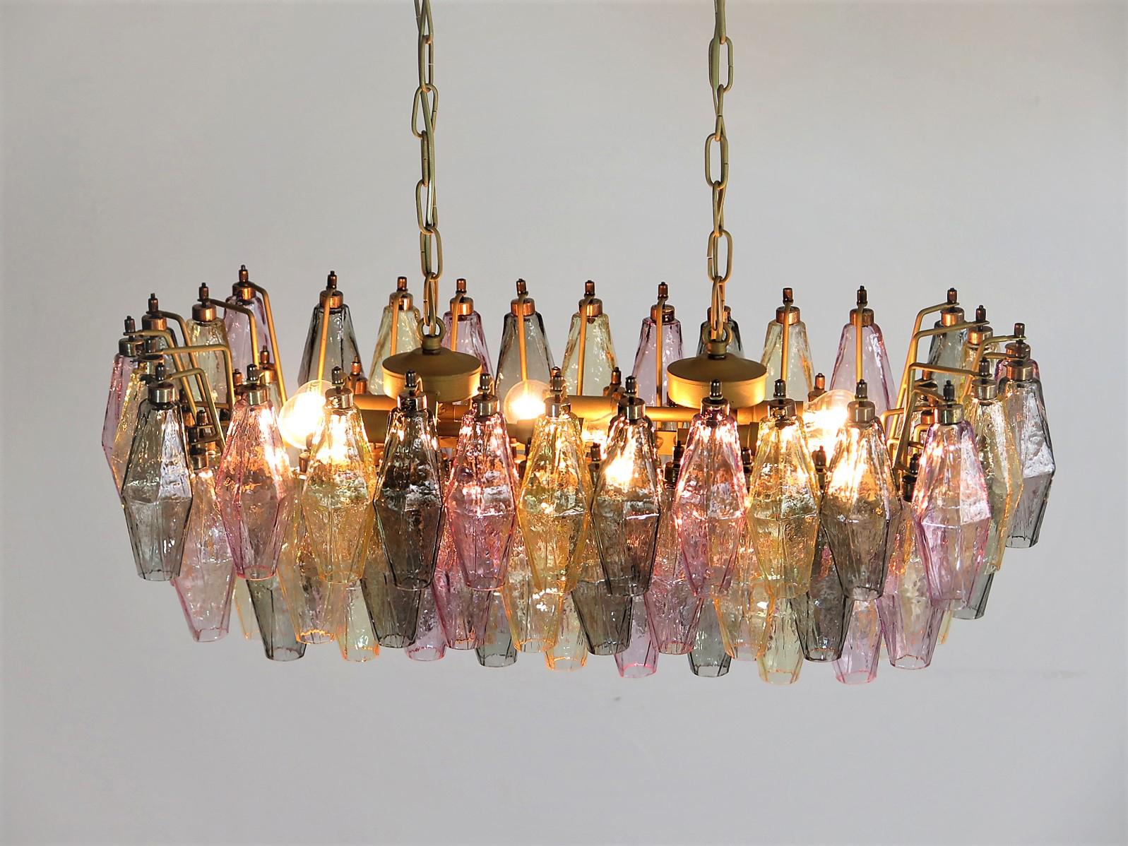 Late 20th Century Pair of Poliedri Candeliers Carlo Scarpa Style, 84 Multicolored Glasses, Murano
