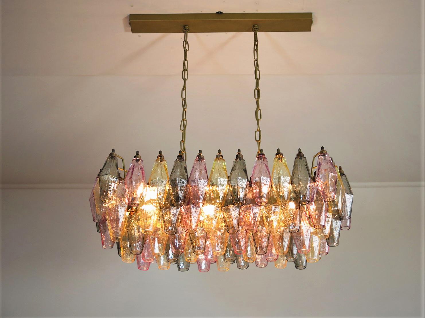 Metal Pair of Poliedri Candeliers Carlo Scarpa Style, 84 Multicolored Glasses, Murano