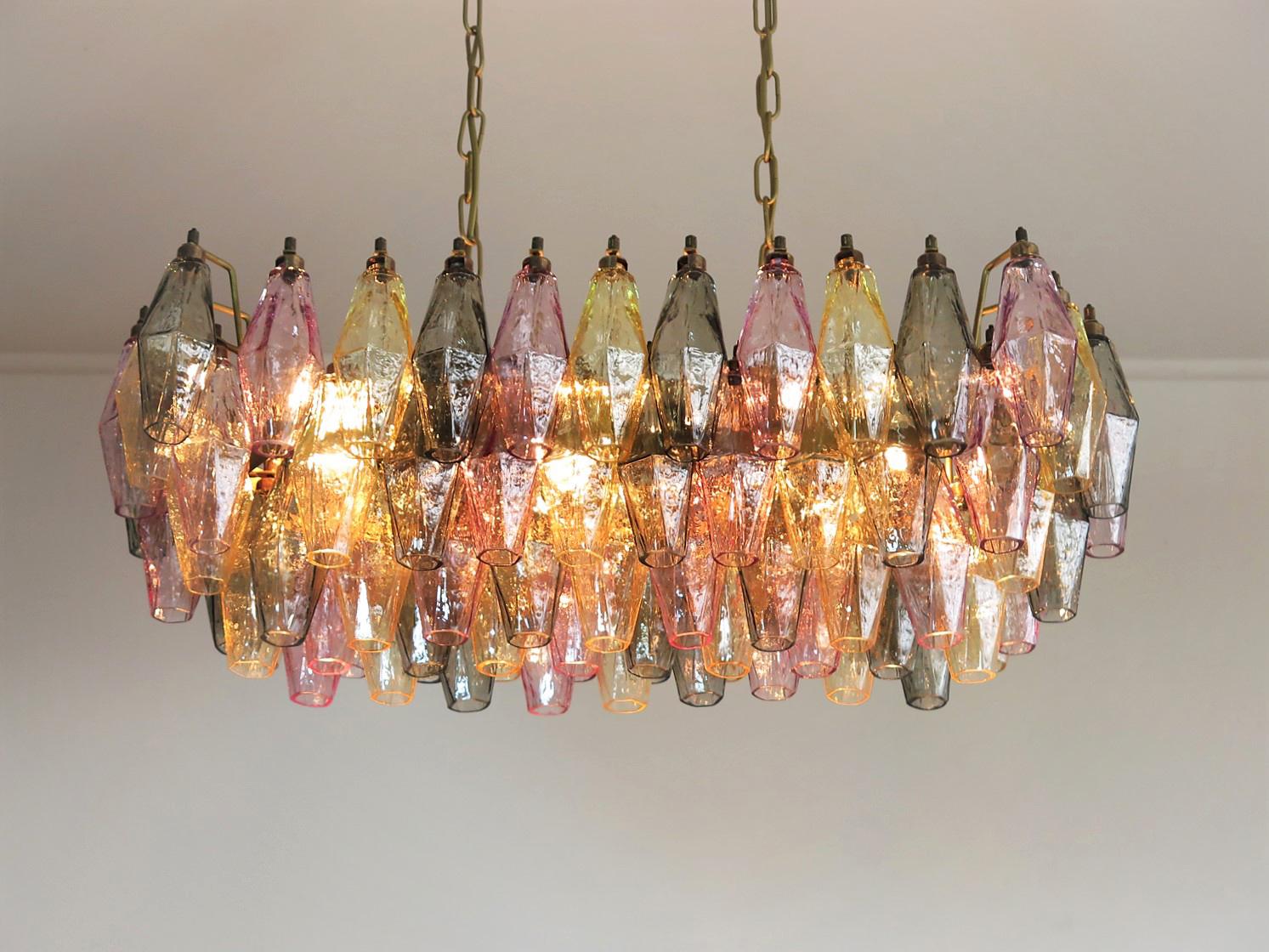 Pair of Poliedri Candeliers Carlo Scarpa Style, 84 Multicolored Glasses, Murano 1
