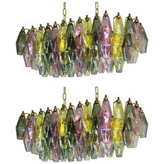 Pair of Poliedri Candeliers Carlo Scarpa Style, 84 Multicolored Glasses, Murano