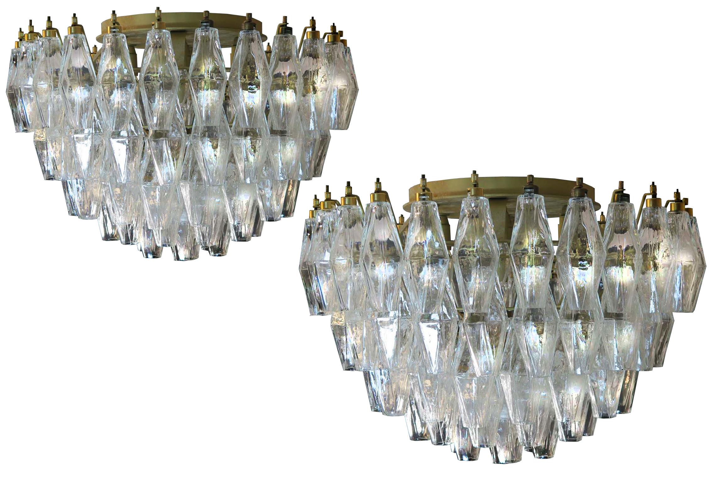 Pair of Italian ceiling lights each made from 84 beautiful Murano transparent glasses 