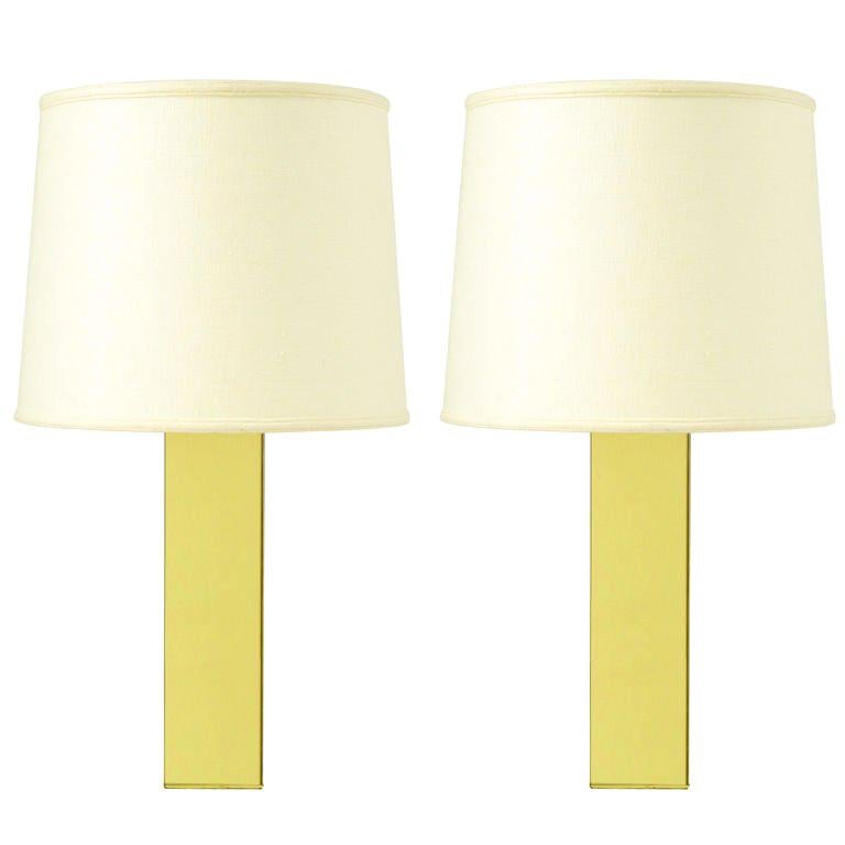 Pair Polished Brass Column Table Lamps For Sale