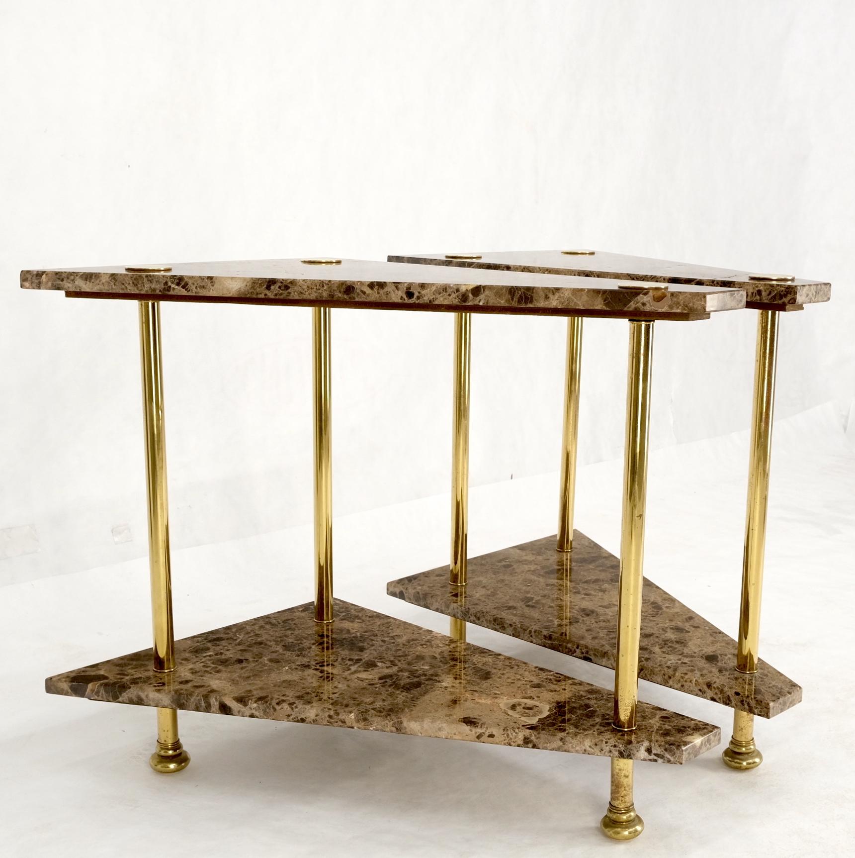 Pair Polished Brass Marble Trapezoid Two Tier Side End Tables Night Stands Mint For Sale 6