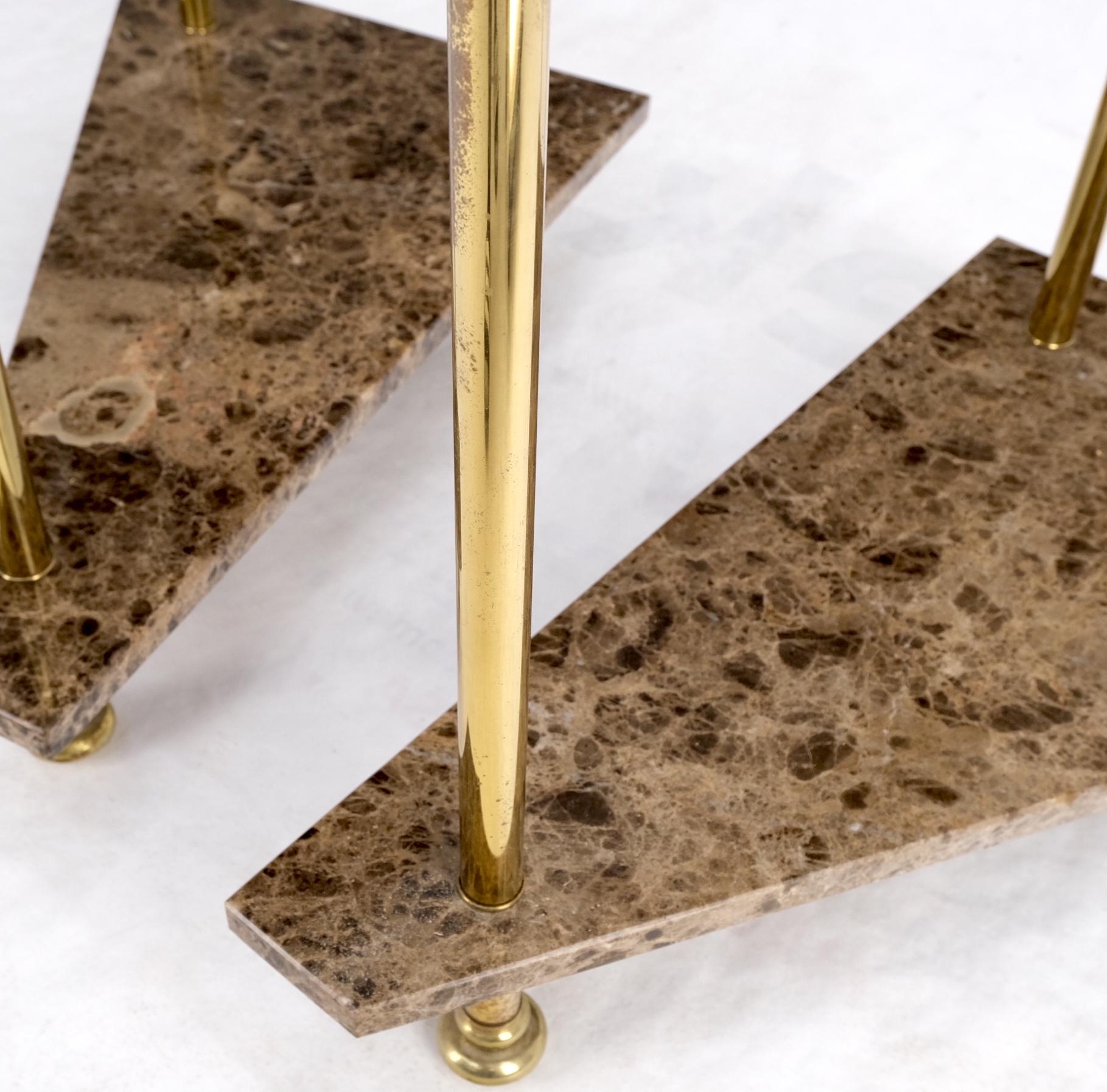 Italian Pair Polished Brass Marble Trapezoid Two Tier Side End Tables Night Stands Mint For Sale