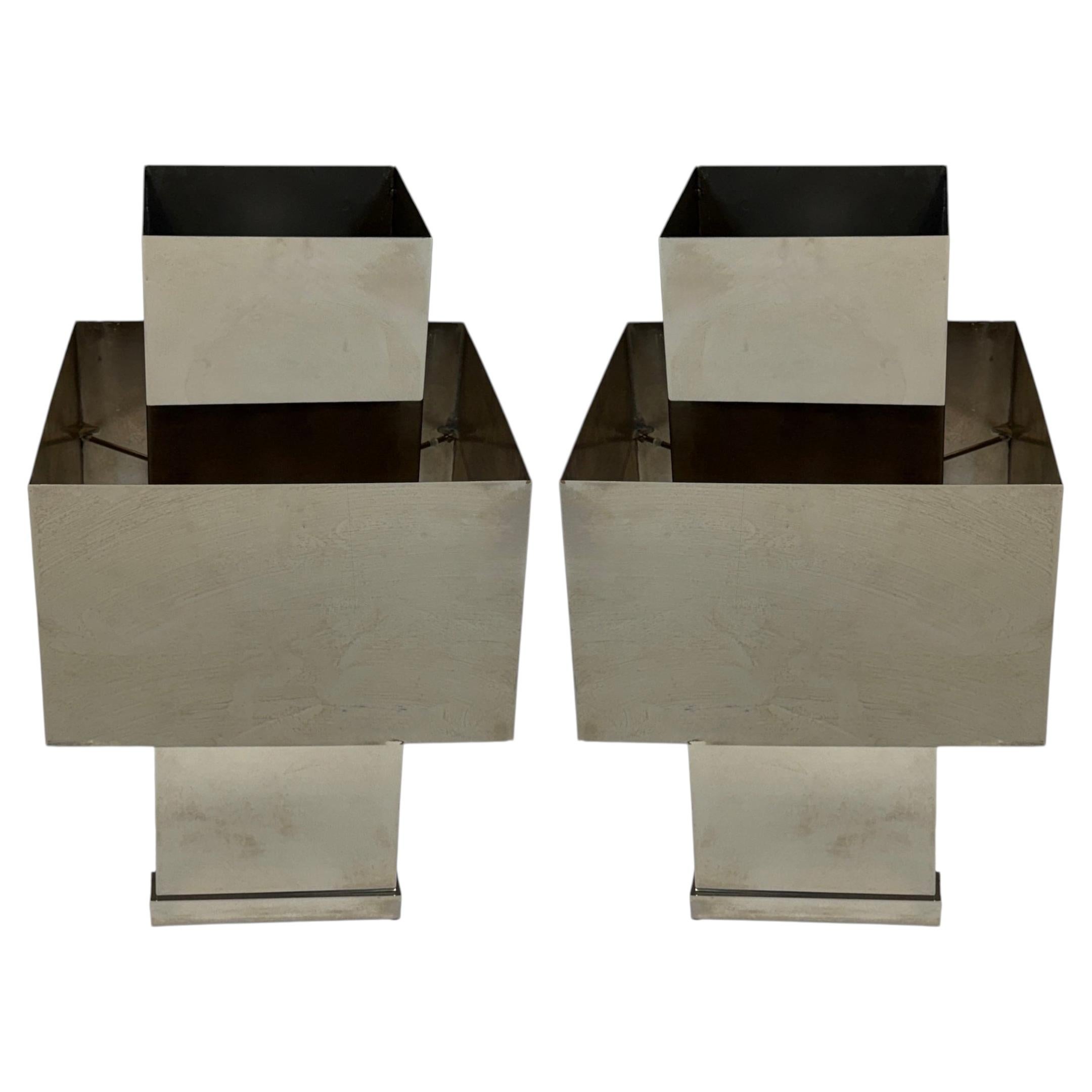 Pair Polished Chrome Cubist Table Lamps, After Willy Rizzo, Italy, 20th C.