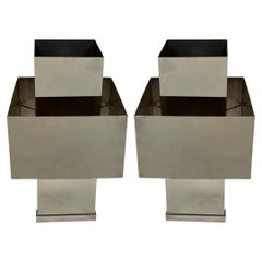 Pair Polished Chrome Cubist Table Lamps, After Willy Rizzo, Italy, 20th C.