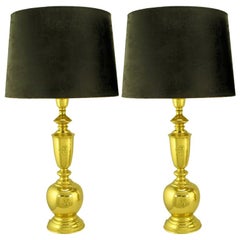 Pair Polished Heavy Brass Table Lamps With Chinese Characters
