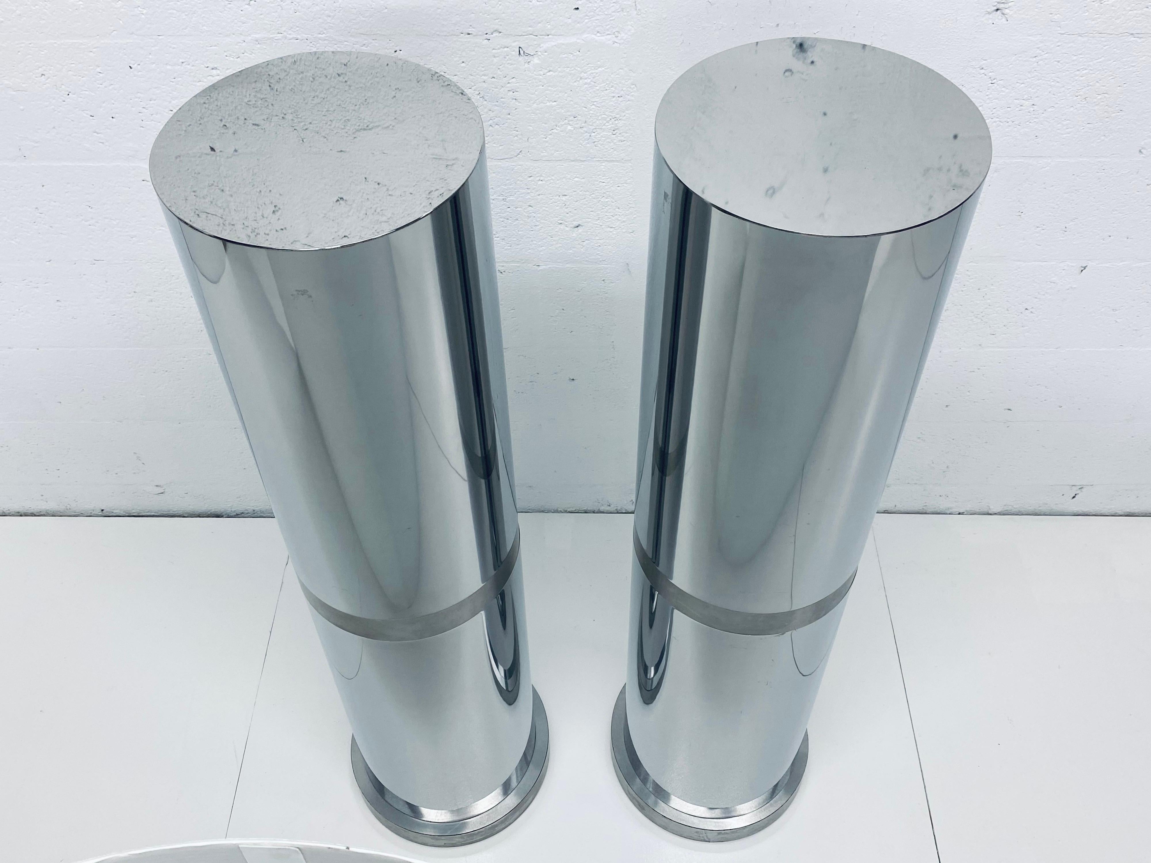 Pair of Polished Steel Tall Circular Pedestal Tables with Brushed Steel Banding For Sale 10